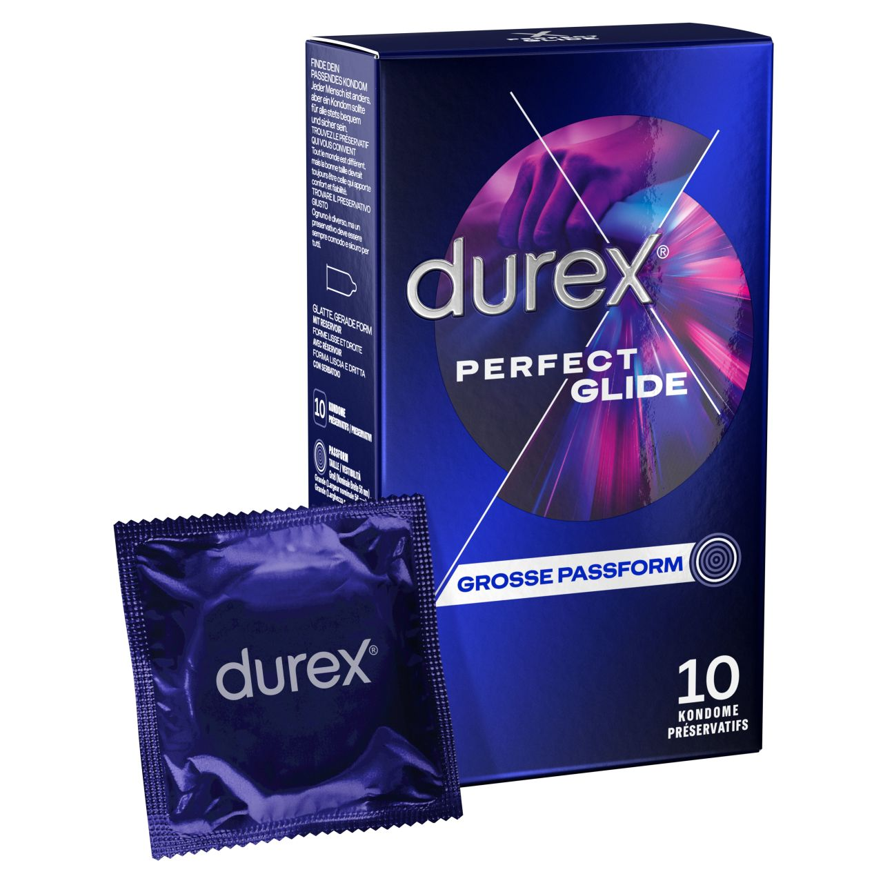 Ein Durex Perfect Glide Kondom in Blisterpackung neben einer Packung.