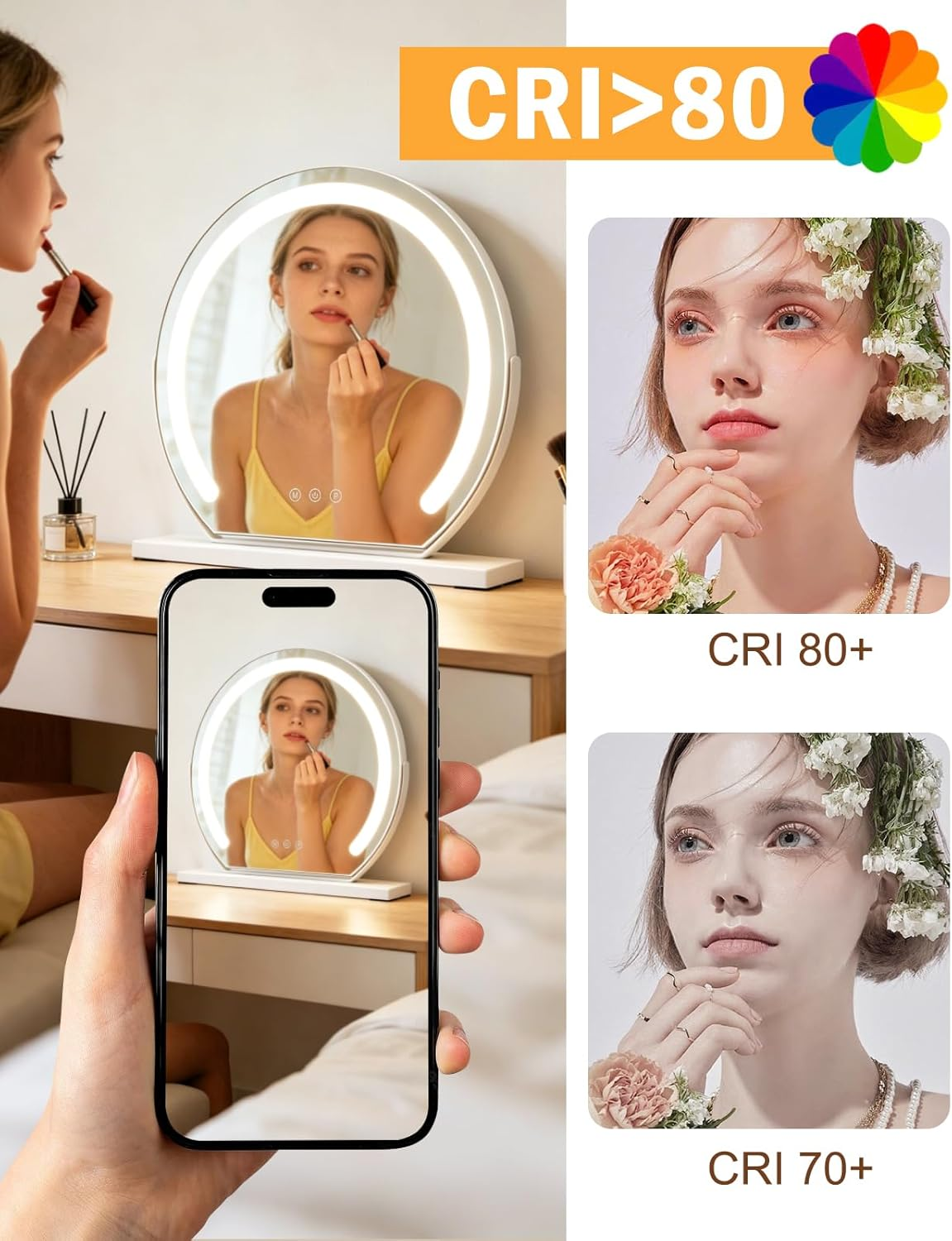 Donna si applica il rossetto davanti a uno specchio illuminato; telefono mostra riflesso.