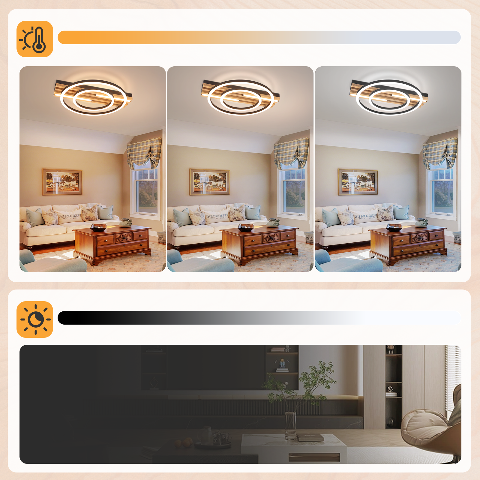 Lampada da soffitto a tre livelli di luminosità sopra un soggiorno con divano e tavolino.
