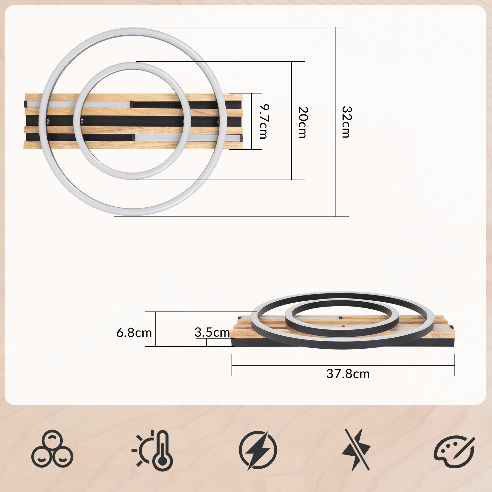 Lampada da parete moderna con due<br/><br/>anelli metallici su<br/><br/>base di legno.