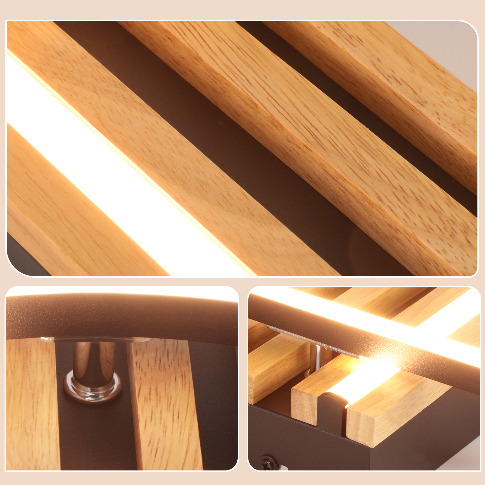 Primo piano di una lampada moderna con doghe in legno e strisce LED.