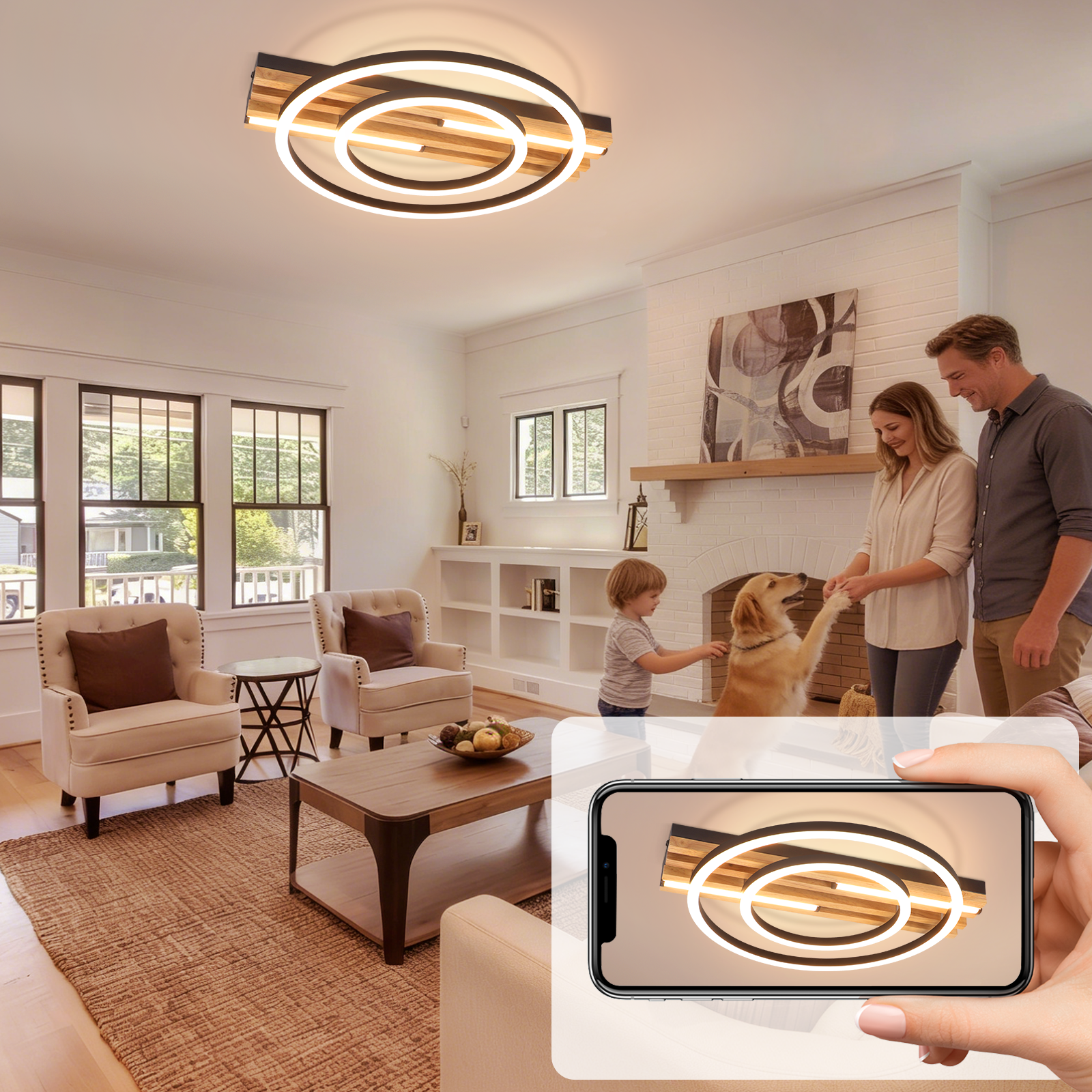 Famiglia con cane in soggiorno, telefono mostra lampada. Lampada da soffitto moderna.