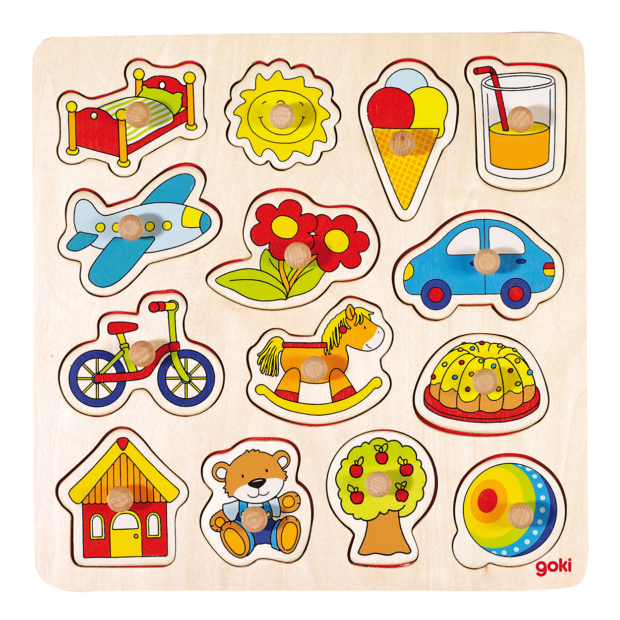 Holzpuzzle mit 12 bunten Teilen: Bett, Sonne, Eis, Saft, Flugzeug, Blumen, Auto, Fahrrad, Schaukelpferd, Kuchen, Haus, Bär, Baum, Kreis.