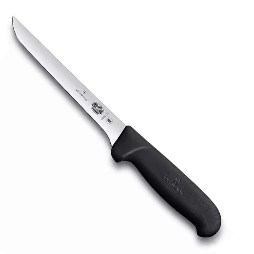 Siyah saplı gümüş Victorinox bıçağı açılı olarak gösteriliyor.