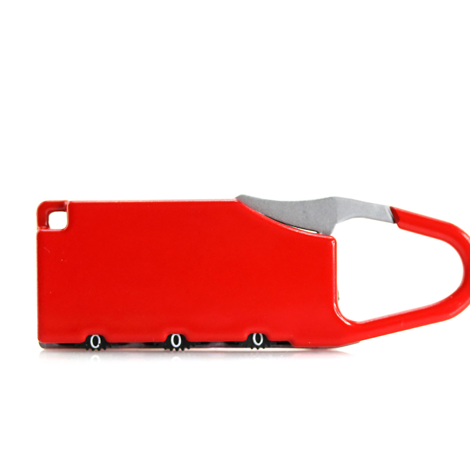 Un lucchetto rosso a combinazione con arco argentato e tre rotelle.