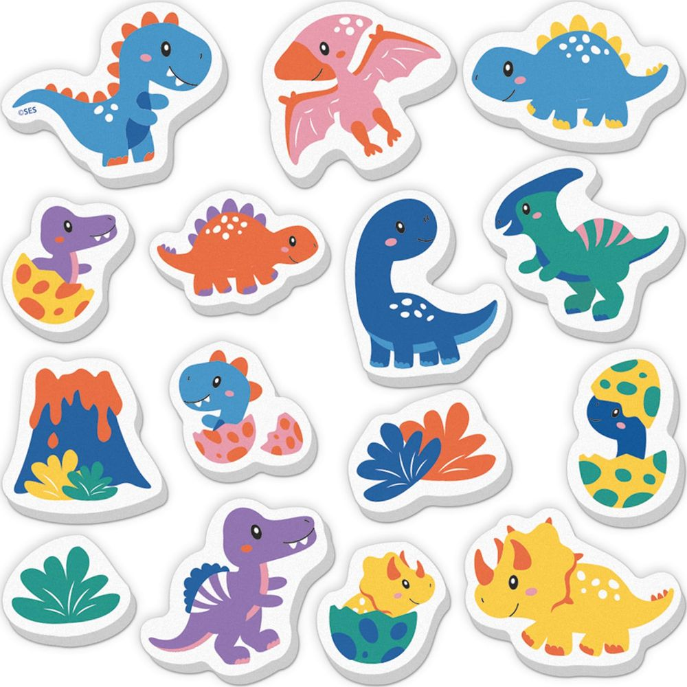 Pegatinas de dinosaurios coloridos: T-Rex, Triceratops, Pterodáctilo, volcán.