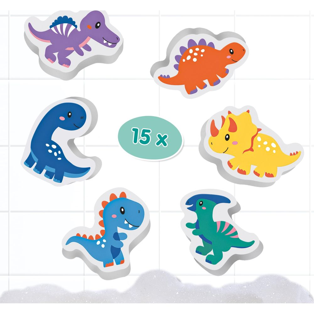 Seis juguetes de dinosaurios coloridos sobre fondo blanco con burbujas.