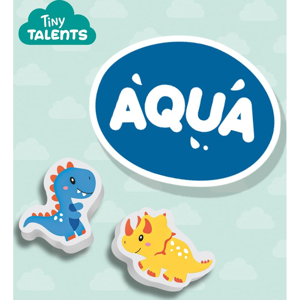 Un dinosaurio azul y un Triceratops amarillo junto a un óvalo azul con la palabra AQUA.