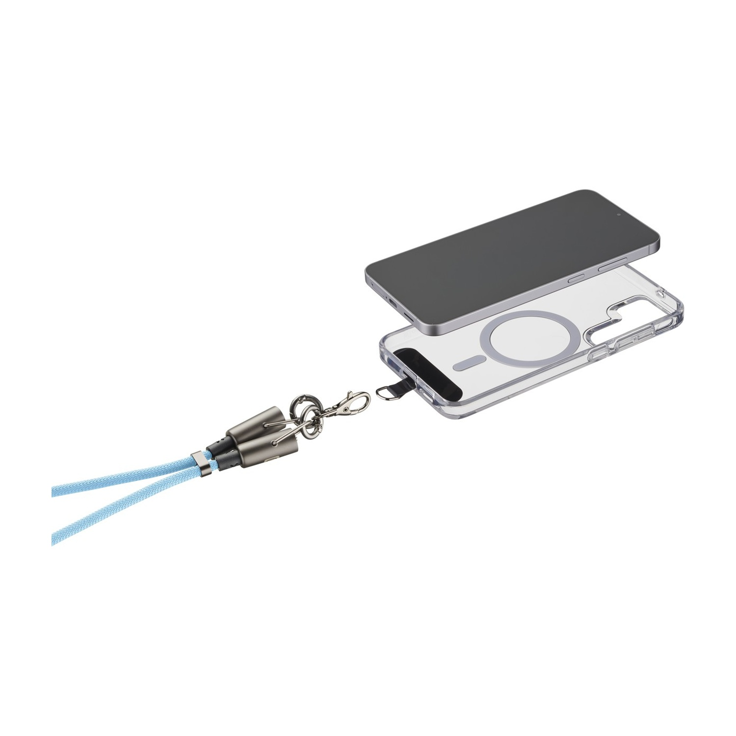 Eine durchsichtige Handyhülle mit Magnetring ist am Handy befestigt. Eine blaue Handschlaufe ist verbunden.