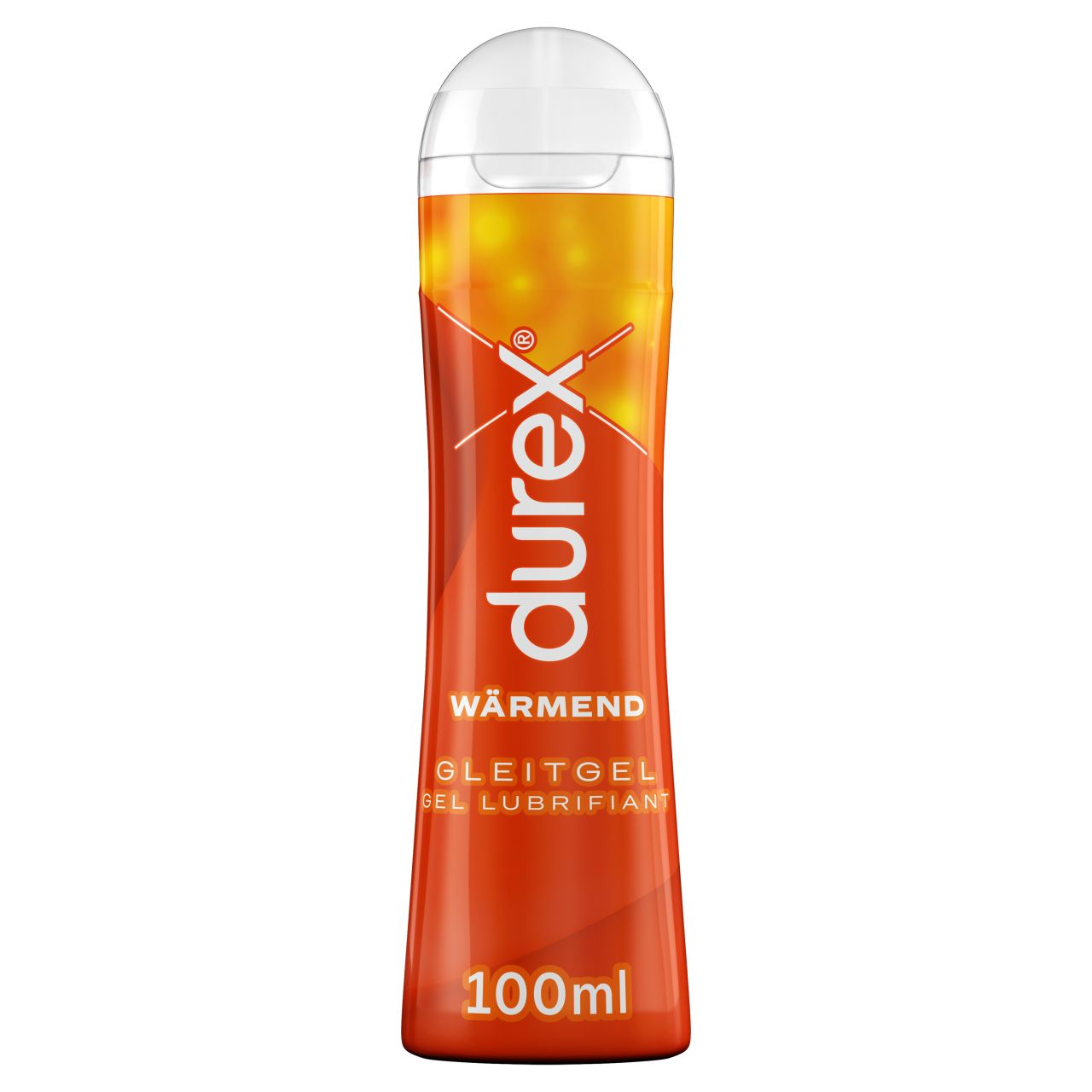 Eine Flasche Durex Warming Gleitgel, 100ml, mit orange-gelbem Farbverlauf.