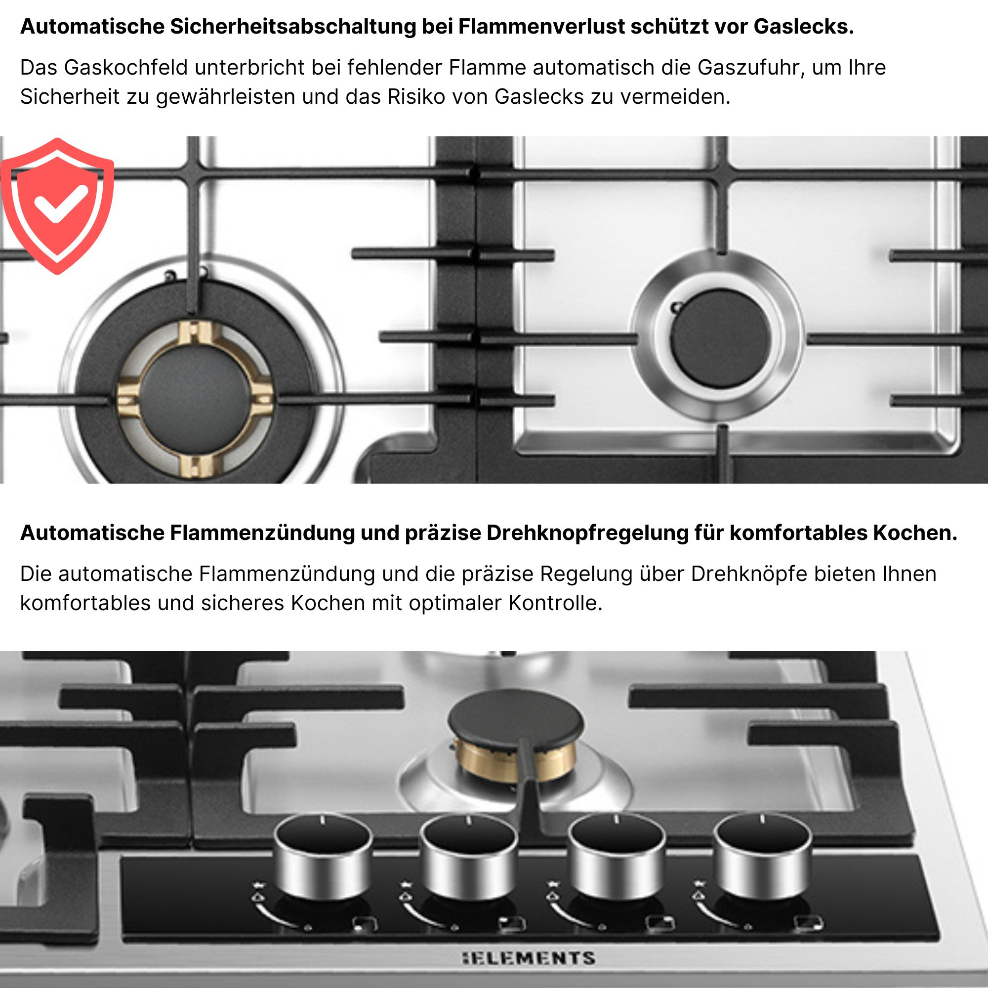 Gaskochfeld mit vier Brennern und Drehknöpfen, mit Sicherheitsschild.