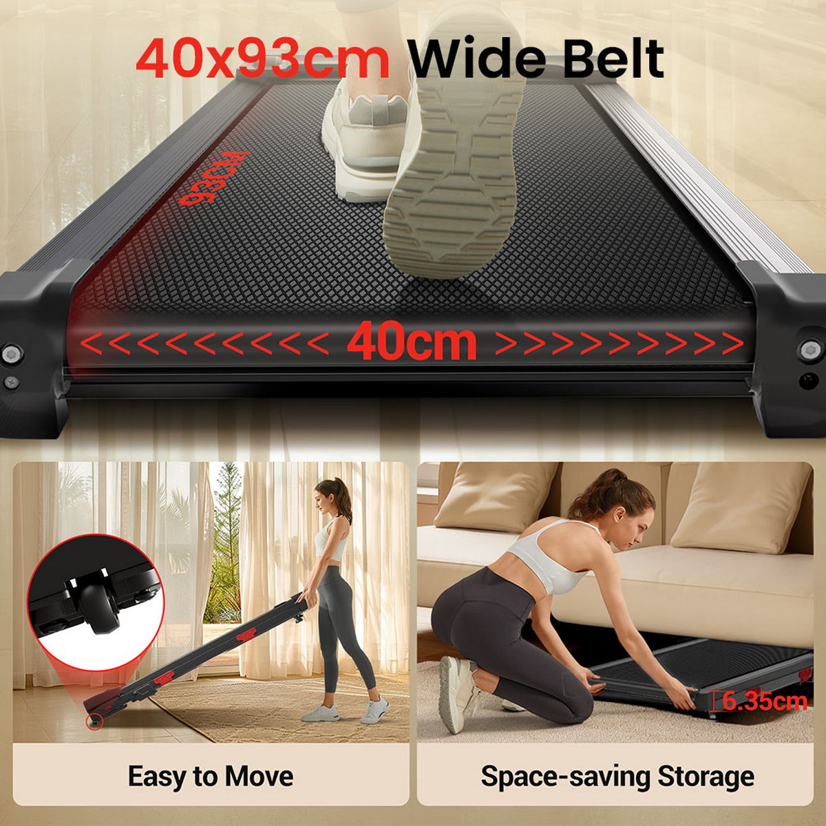 Cinta de correr con banda ancha de 40x93cm, fácil de mover y de almacenamiento.