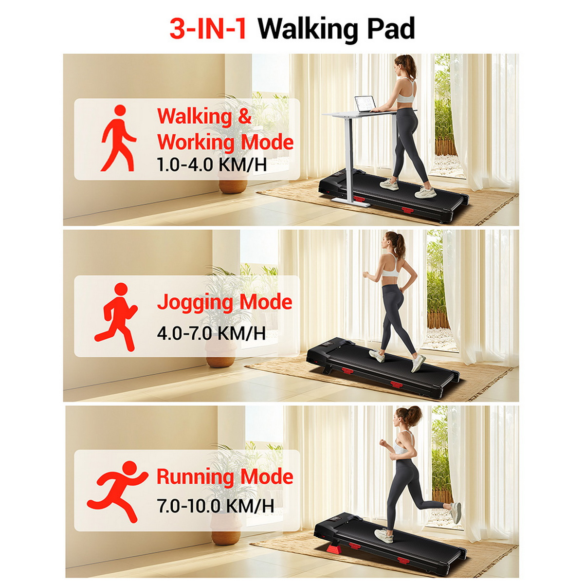 Caminadora 3 en 1: modos caminar/trabajar, trotar y correr con velocidades.