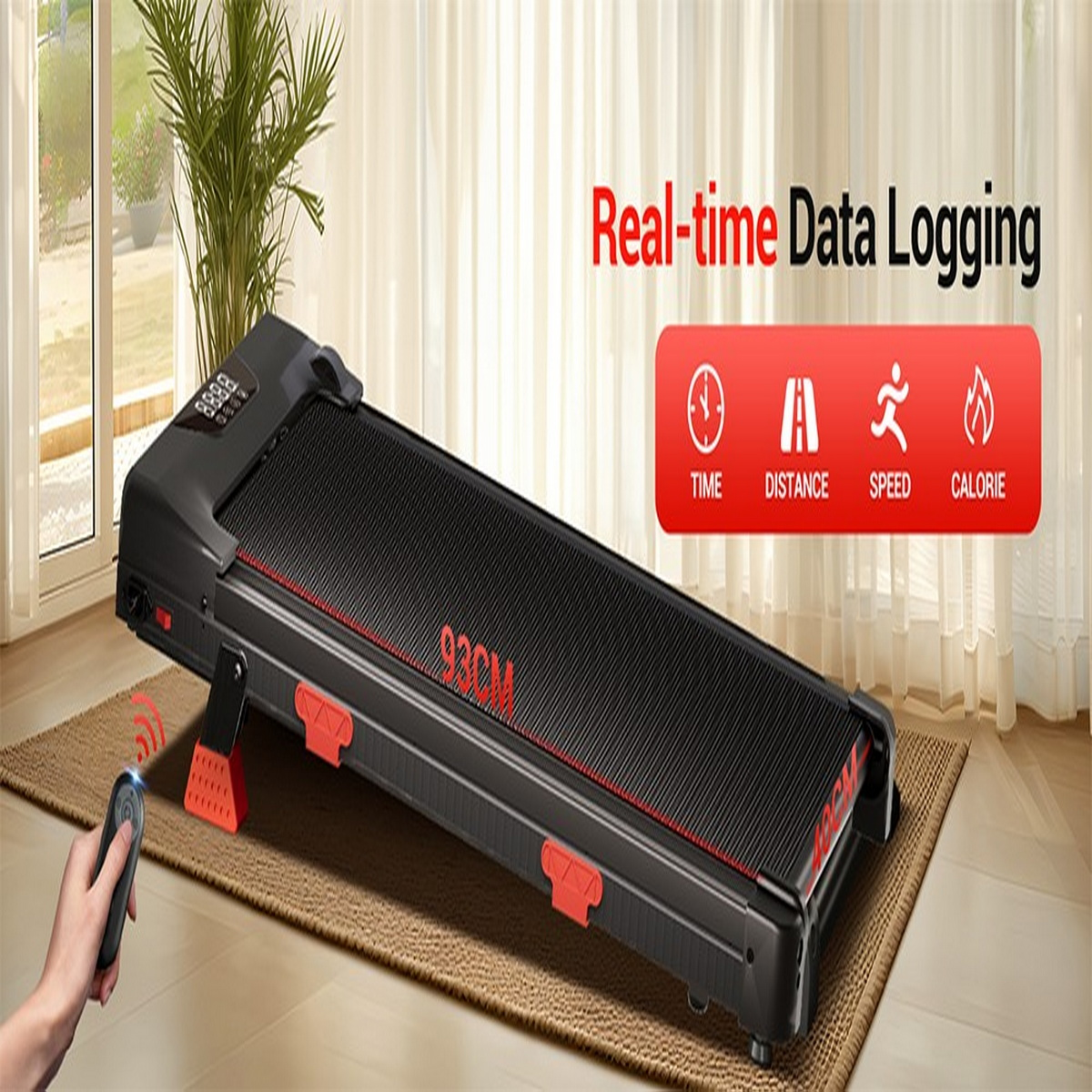 Cinta de correr negra con control remoto rojo y pantalla de datos en tiempo real.