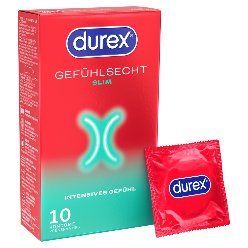Rote Durex Packung mit 10 Kondomen und einer einzelnen roten Kondomverpackung.