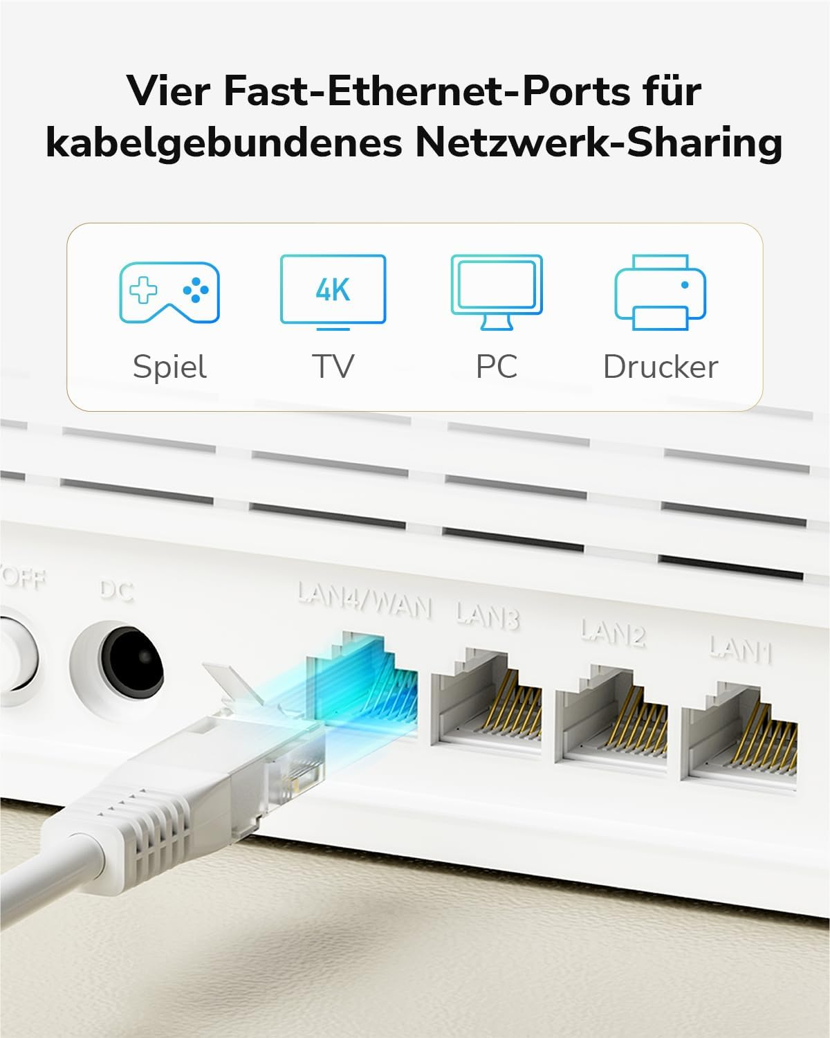 Zbliżenie portów Ethernet routera z podłączonym kablem.
