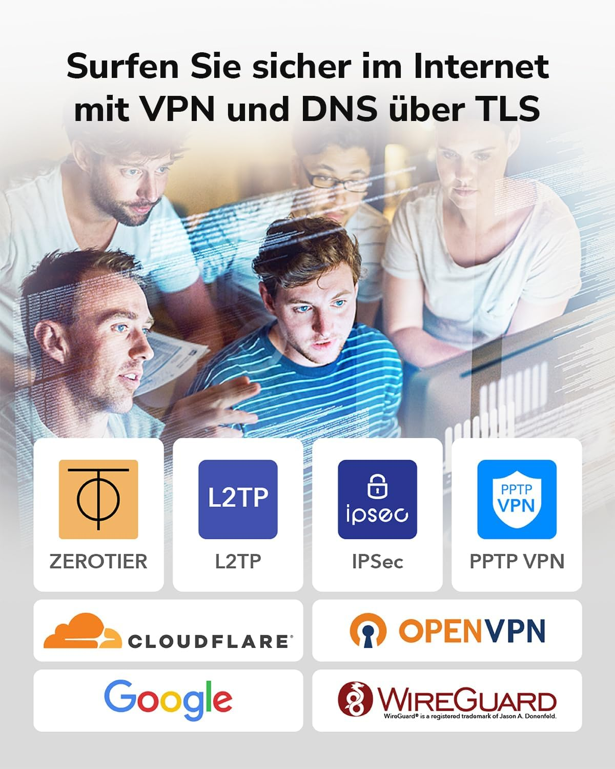 Ludzie patrzą na ekran z logoami VPN: Zerotier, L2TP, IPsec, PPTP.