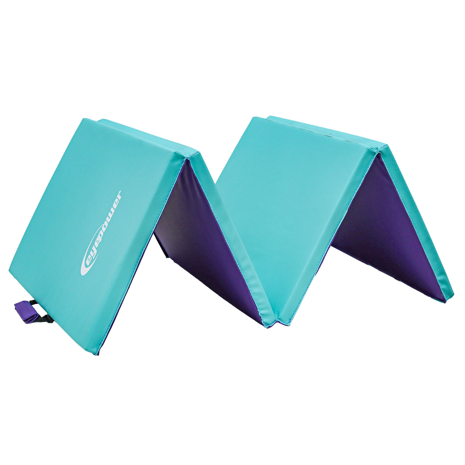 Türkis-violetter Klappmatratze mit Logo, auf weißem Hintergrund.