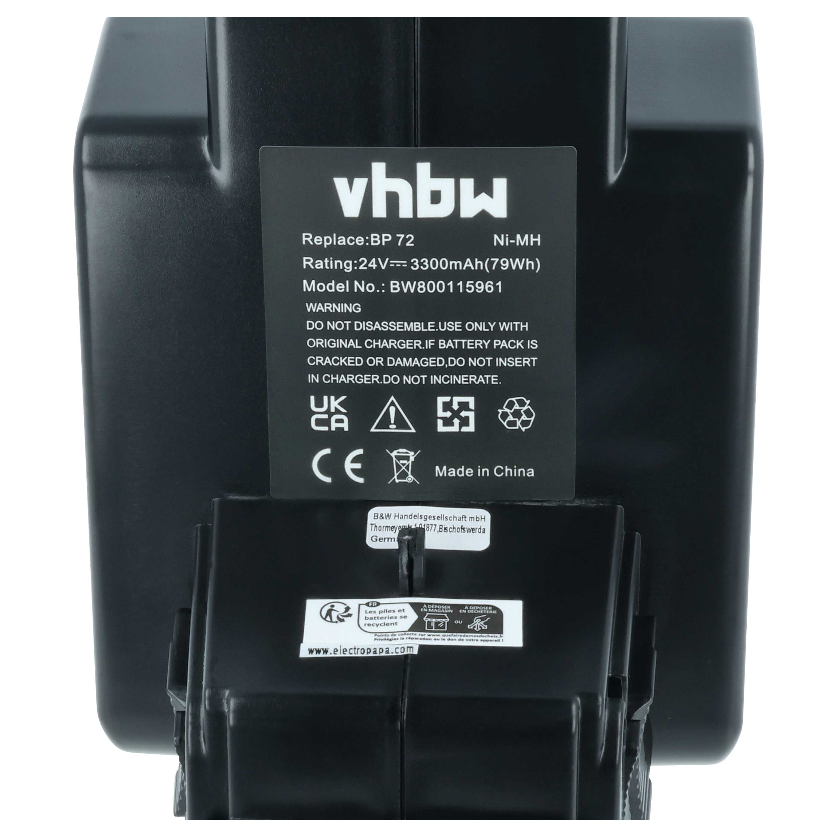 Schwarzer Akku mit Etiketten, die vhbw, BP 72, 24V, 3300mAh, BW800115961 angeben.
