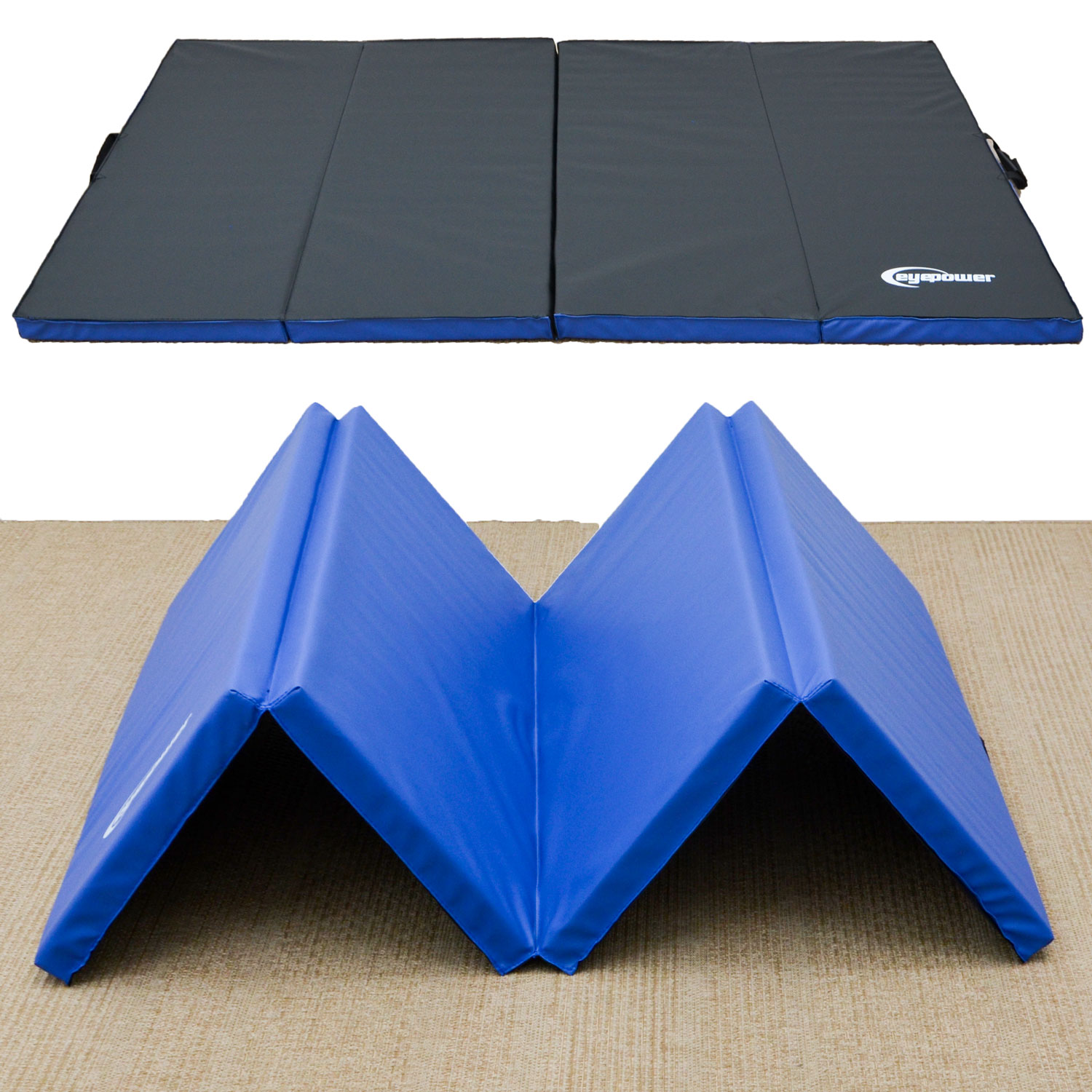Zusammengeklappte Gymnastikmatte in Blau auf Teppich und flach ausgebreitet in Schwarz/Blau.