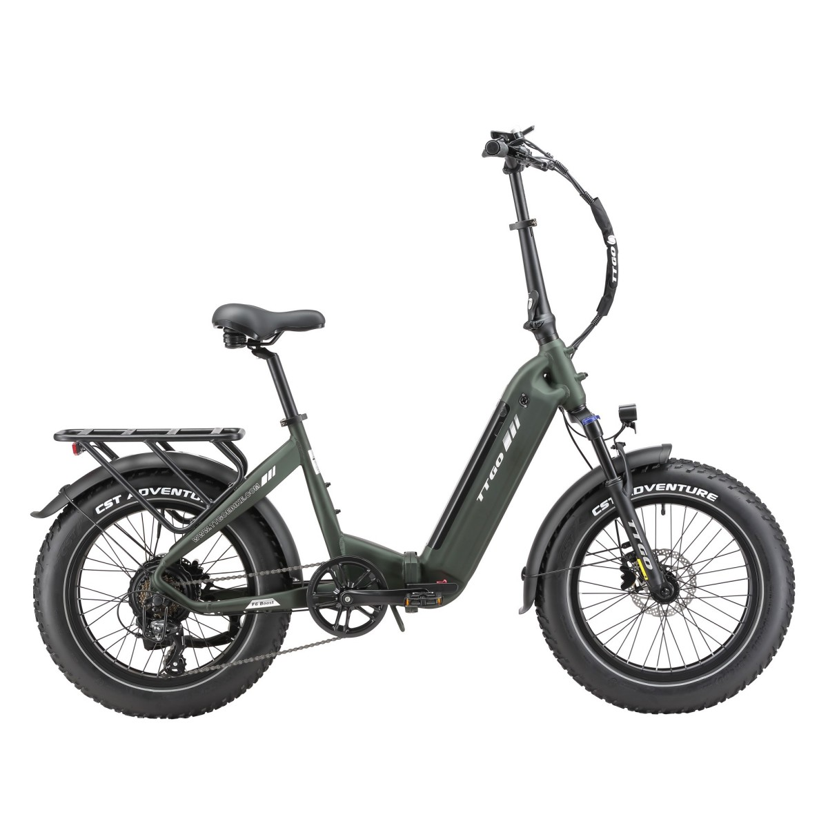 Oliwkowozielony składany rower typu fat bike z szerokimi oponami, bagażnikiem i amortyzatorem.