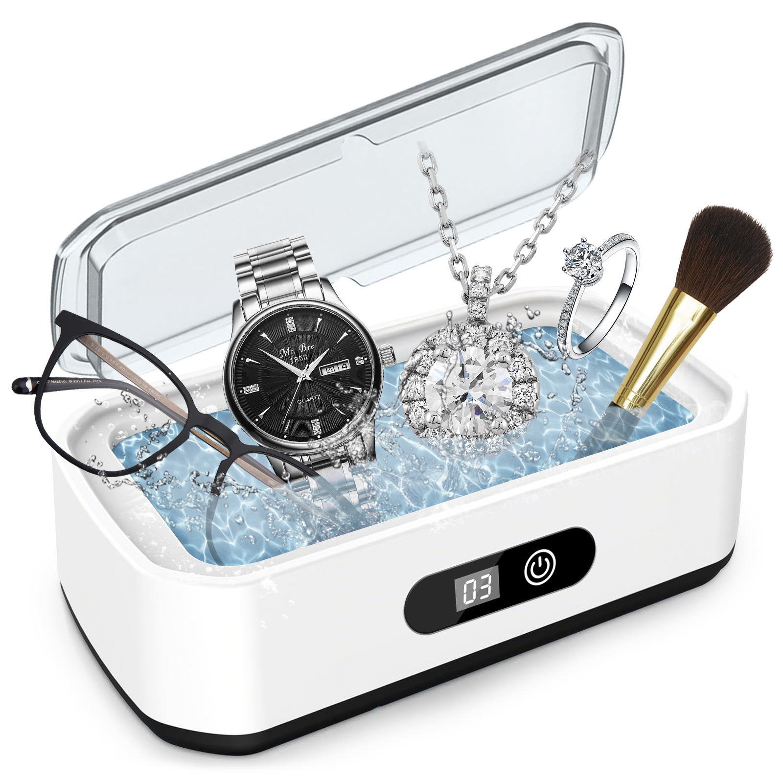 Ultraschallreiniger mit Brille, Uhr, Schmuck und Bürste in sprudelndem Wasser.