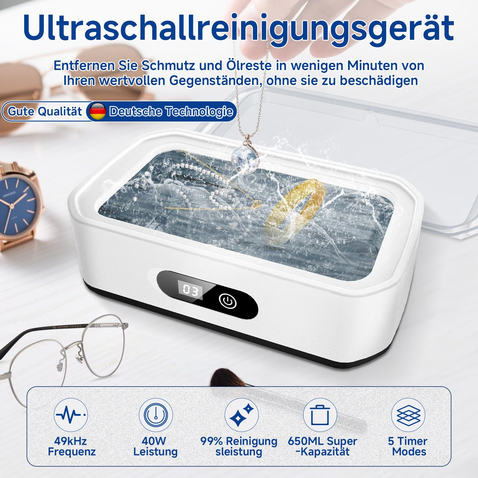 Ultraschallreiniger mit Schmuck, Uhr und Brille. Features: 49kHz, 40W, 99% Leistung.