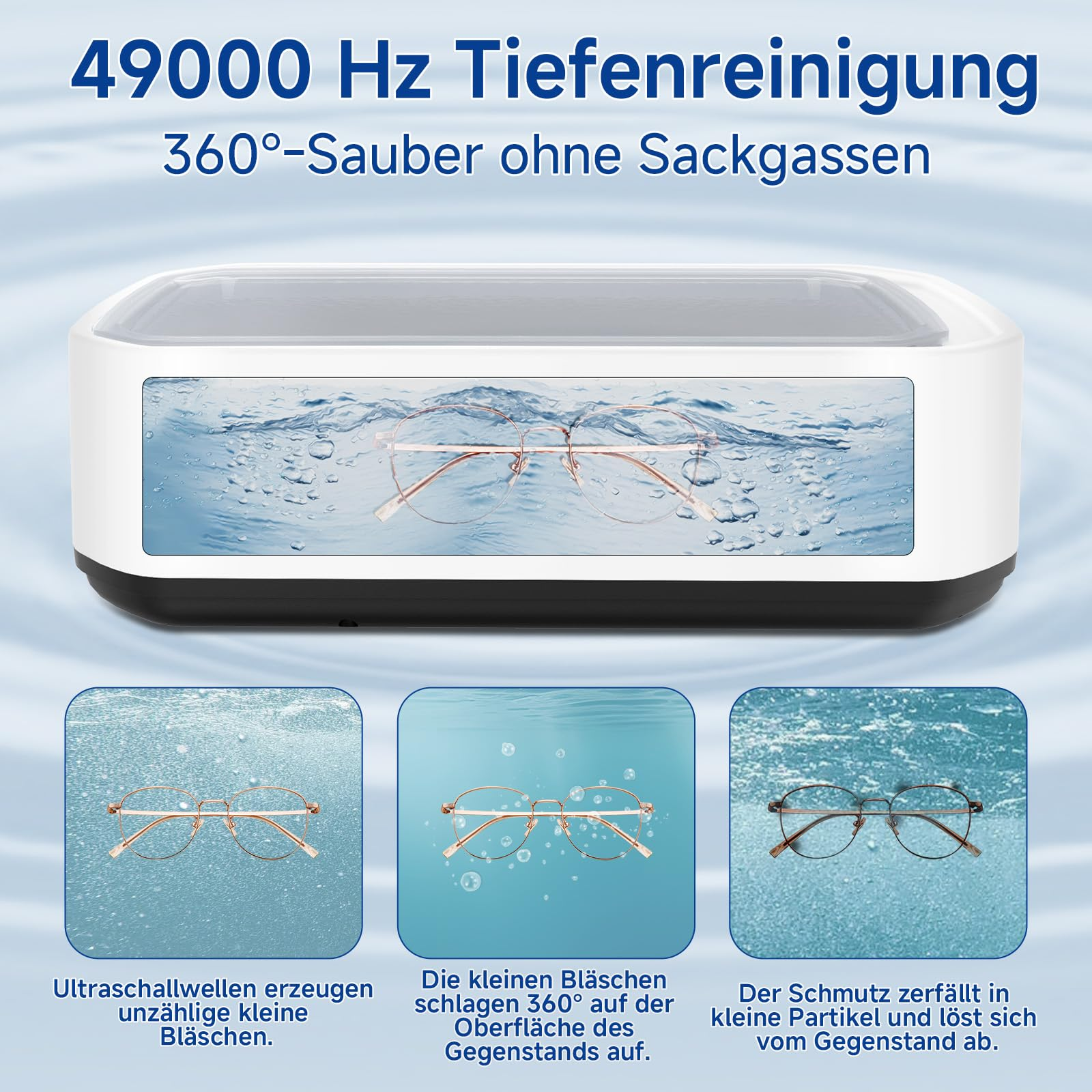 Ultraschallreiniger mit Brillen. Zeigt 3 Schritte: Bläschen, Bläschen auf Brille, saubere Brille.