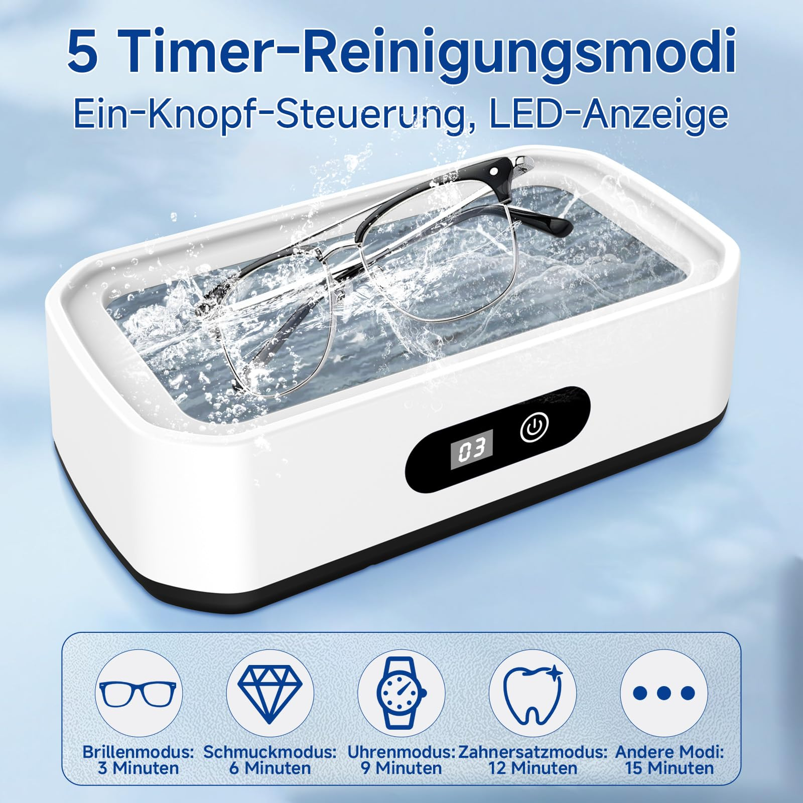 Eine Brillenreinigungsmaschine mit Brille darin, die 5 Timer-Modi anzeigt.