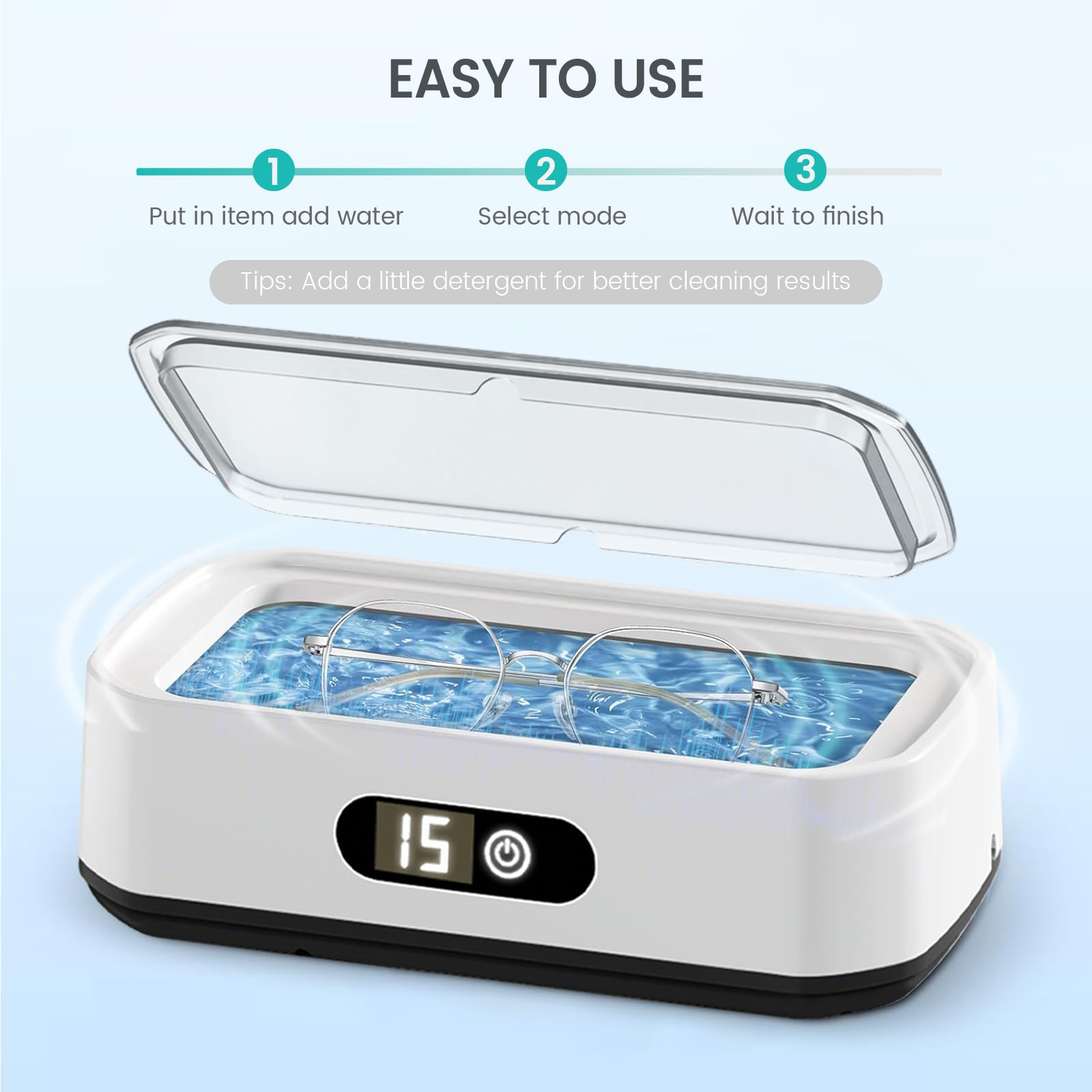 Brillenreiniger mit Timer auf 15 Minuten eingestellt, mit Brillengestell im Wasser.