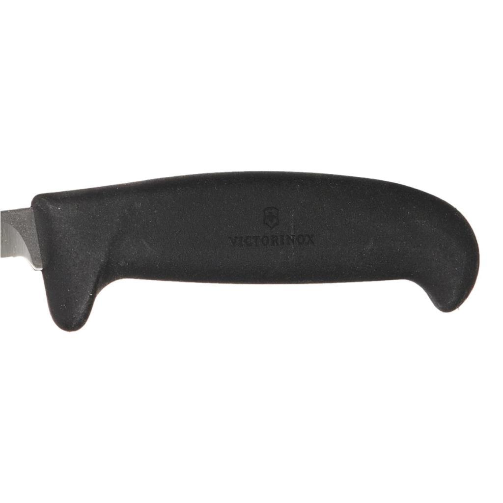 Solda metal bıçağın göründüğü siyah Victorinox bıçak sapının yakın çekimi.
