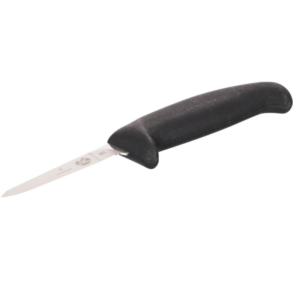 Siyah bir Victorinox soyma bıçağı, ağzı ve sapı var.