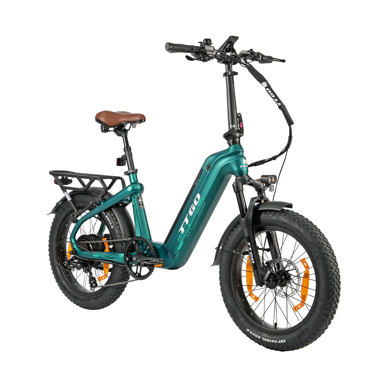Turkusowy składany rower elektryczny typu fat bike z brązowym siodełkiem i czarnymi błotnikami, na białym tle.