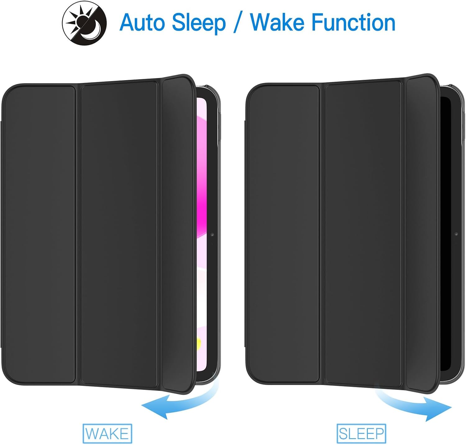 Schwarze Tablet-Hülle im Schlaf- und Wachmodus. Auto Sleep/Wake Funktion.