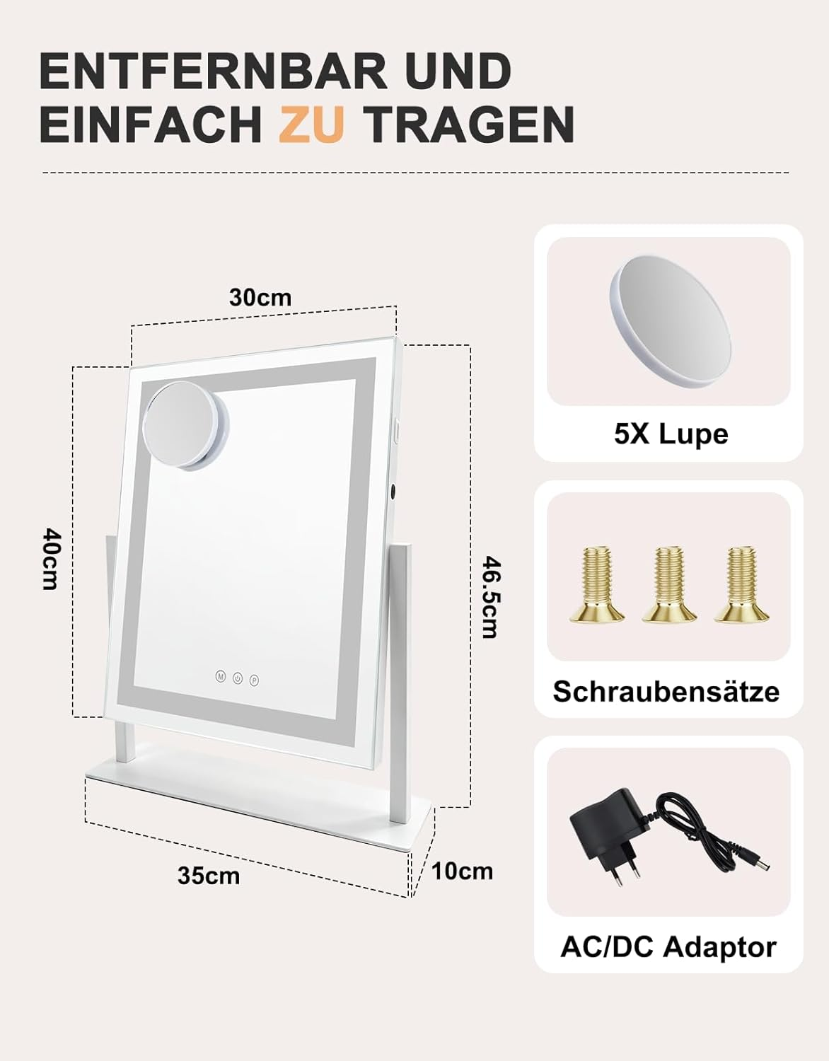 Uno specchio per il trucco bianco con luci LED, lente d'ingrandimento, viti e adattatore.