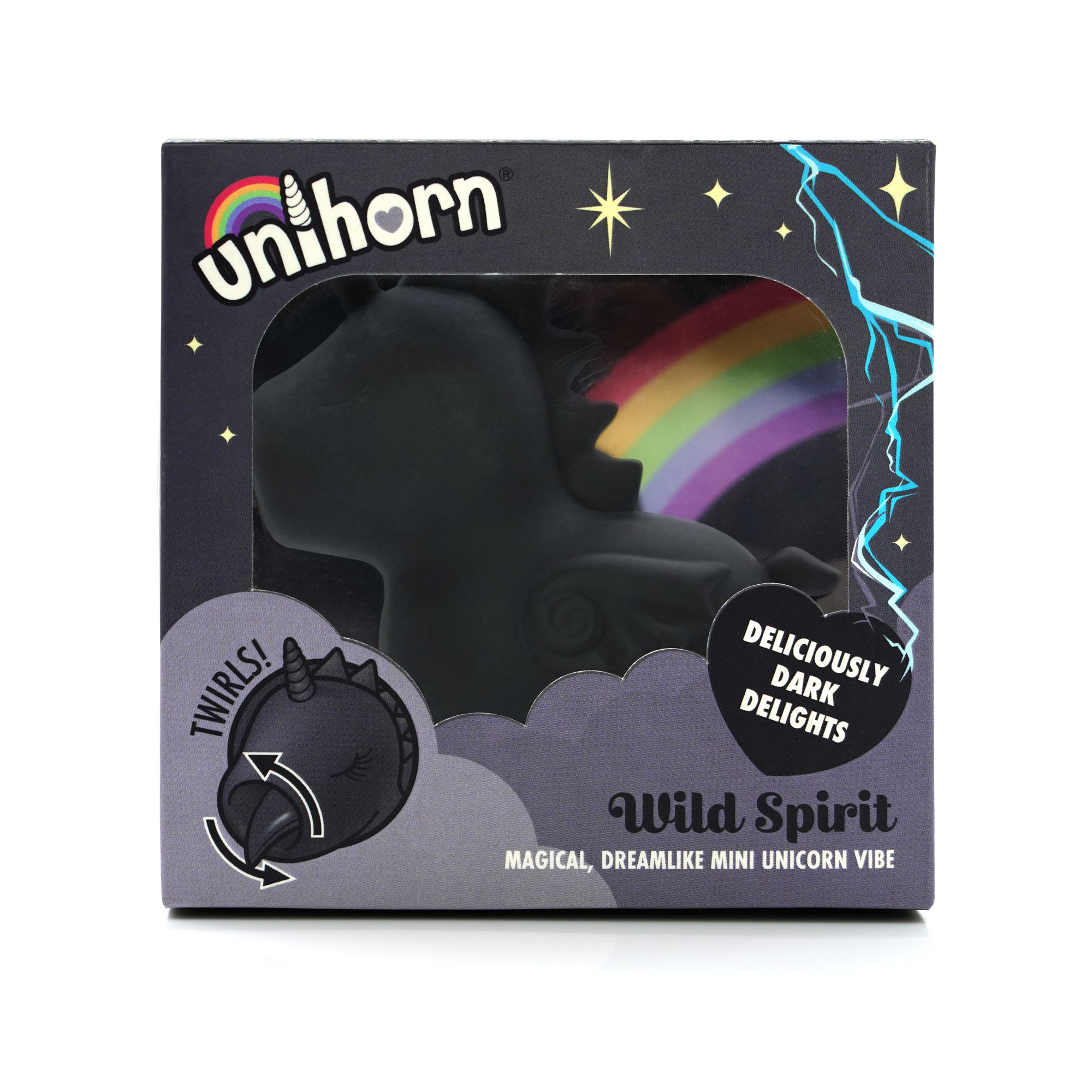Schwarzer Einhorn-Köder in dunkler Verpackung mit Regenbogen