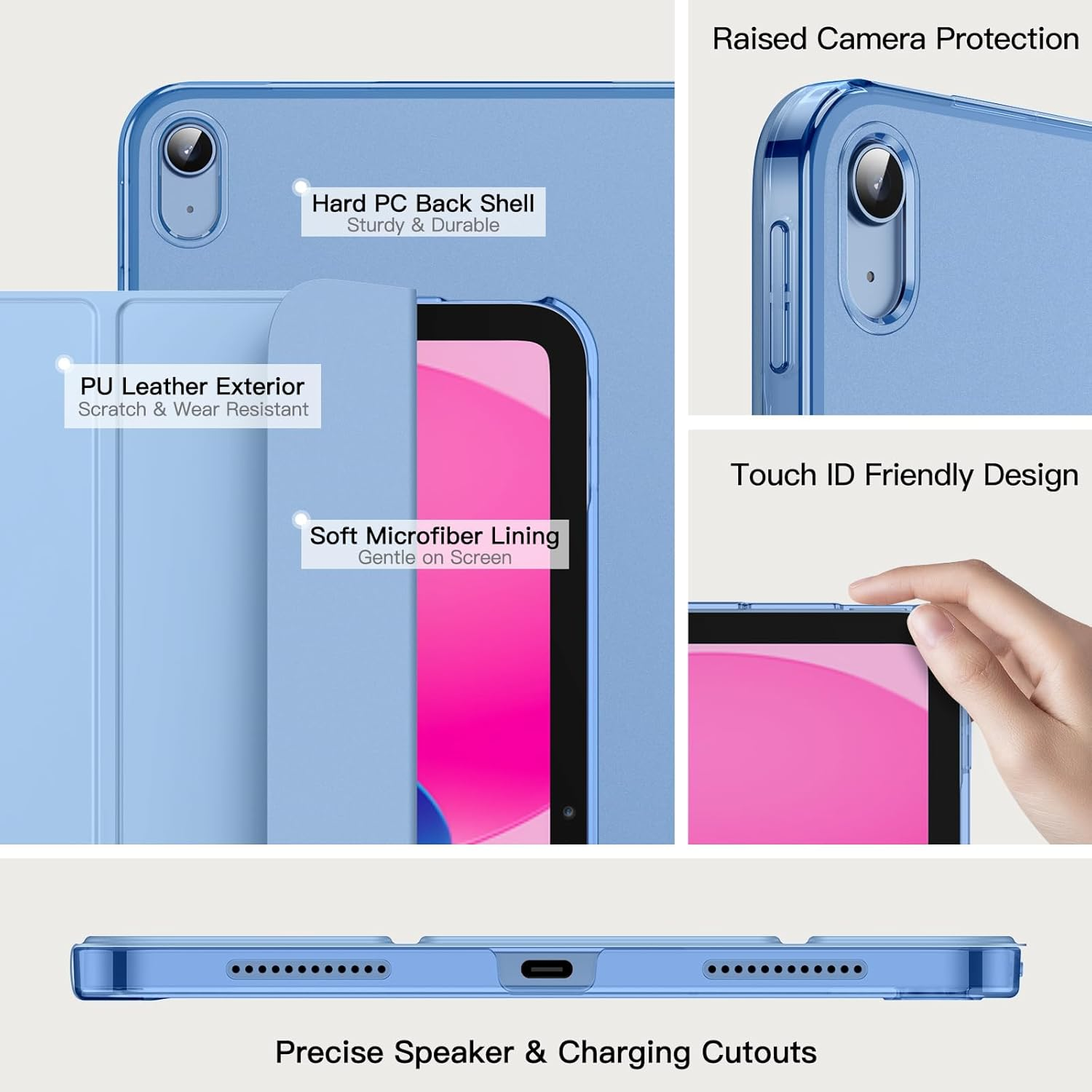 Blaues Tablet-Case mit Details: harte Rückseite, Leder, weiches Futter, Kamera- und Touch-ID-Schutz.