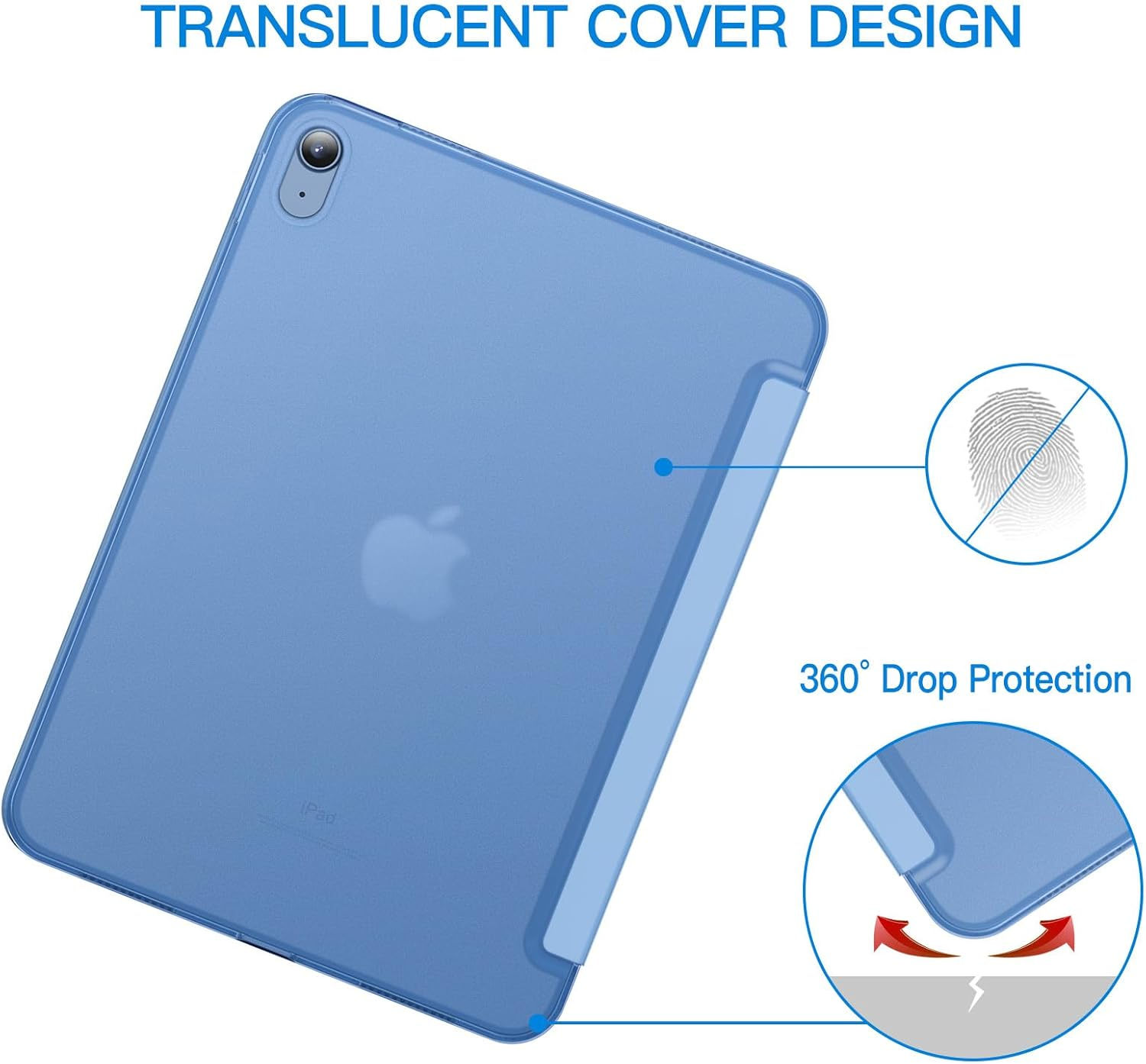 Blaue durchscheinende Hülle für ein Tablet mit Apple-Logo. Zeigt Sturzschutz.