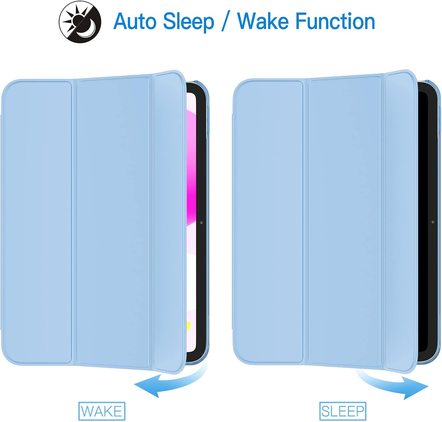 Hellblaue Tablet-Hülle offen und geschlossen gezeigt, die die automatische Sleep/Wake-Funktion demonstriert.
