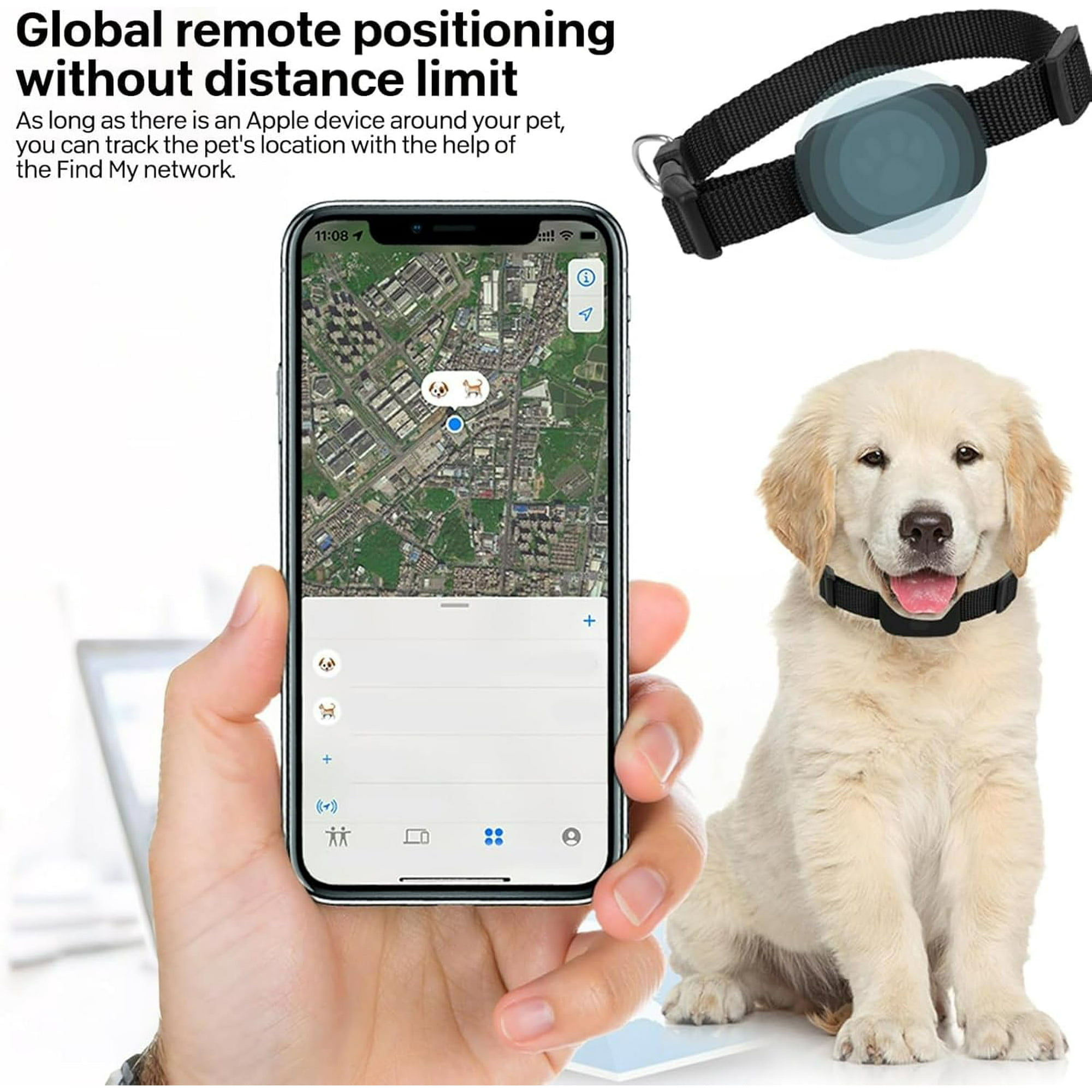 Ein Hundehalsband-Tracker und ein Telefon mit einer Karte sind zu sehen.