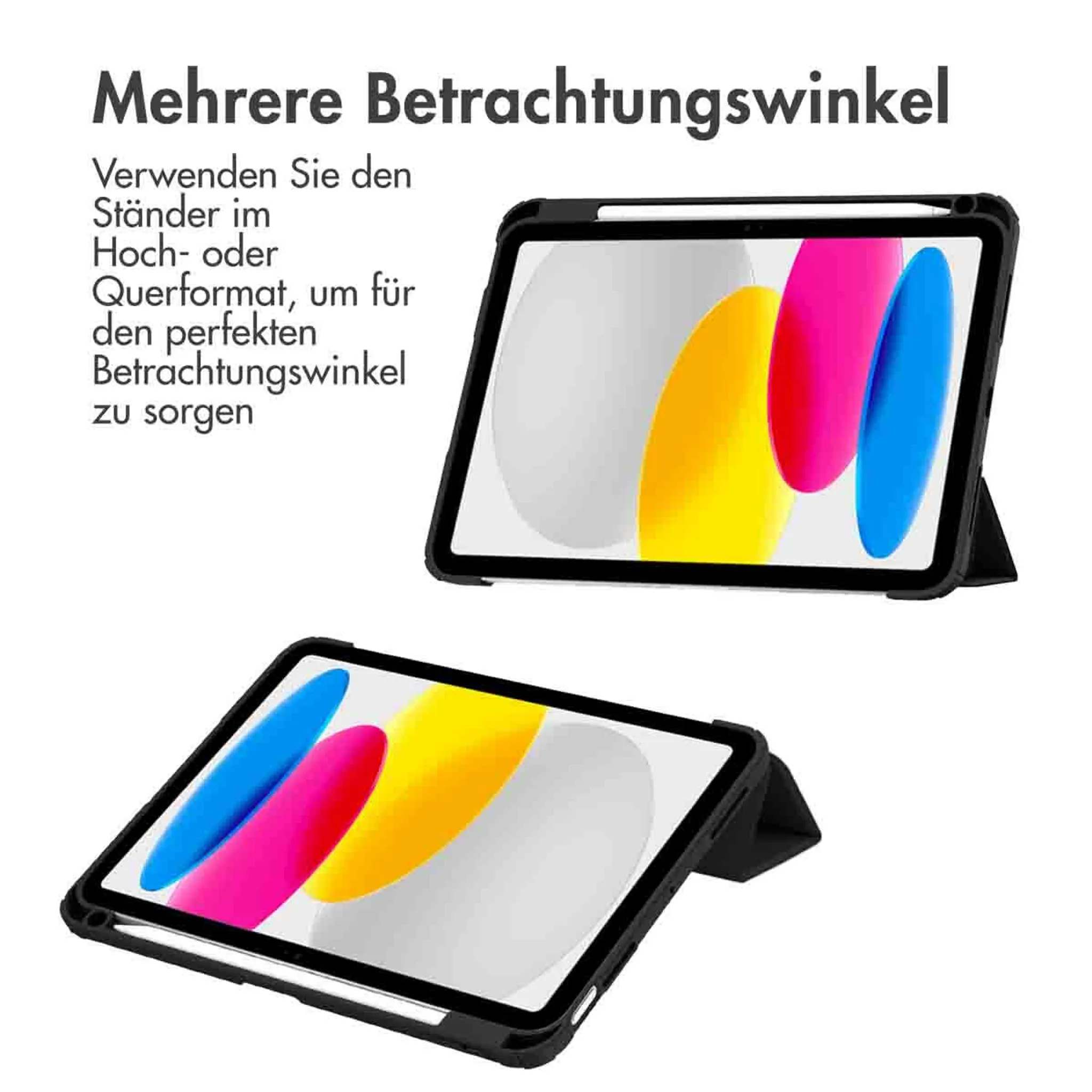 Zwei Tablets im Ständer, eines hochkant, eines quer. Mit bunten Formen.