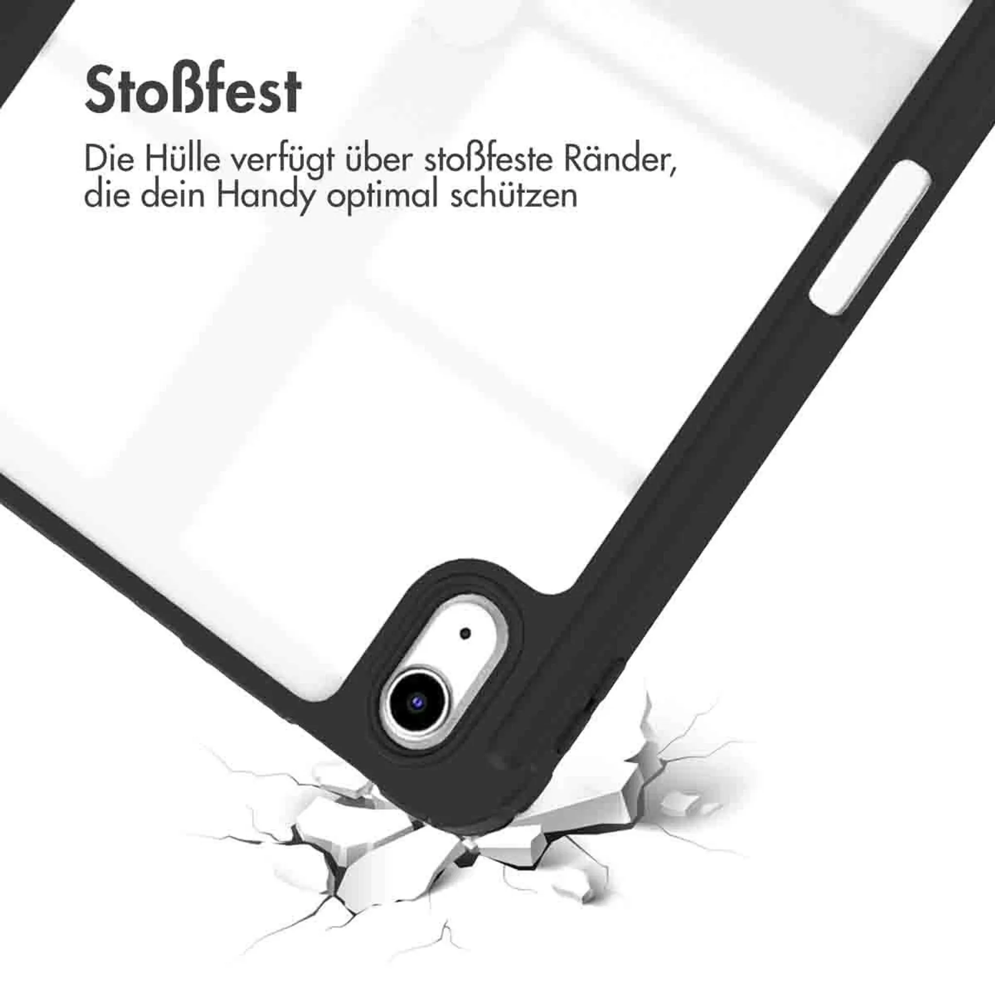 Schwarze Handyhülle mit stoßfesten Rändern, die auf zerbrochenem Weiß liegt.