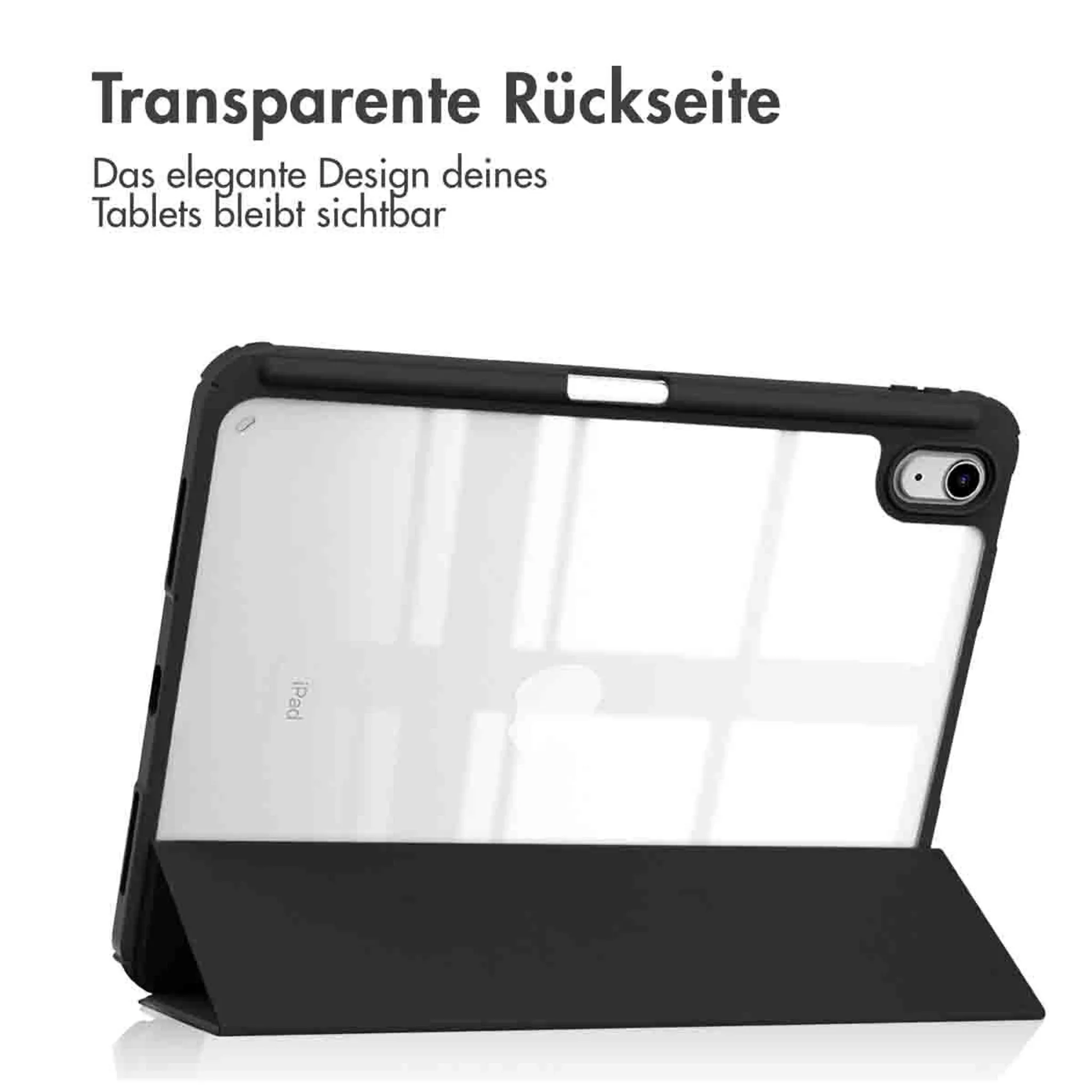 Schwarze Hülle mit transparentem Rücken für ein Tablet, das aufrecht steht.