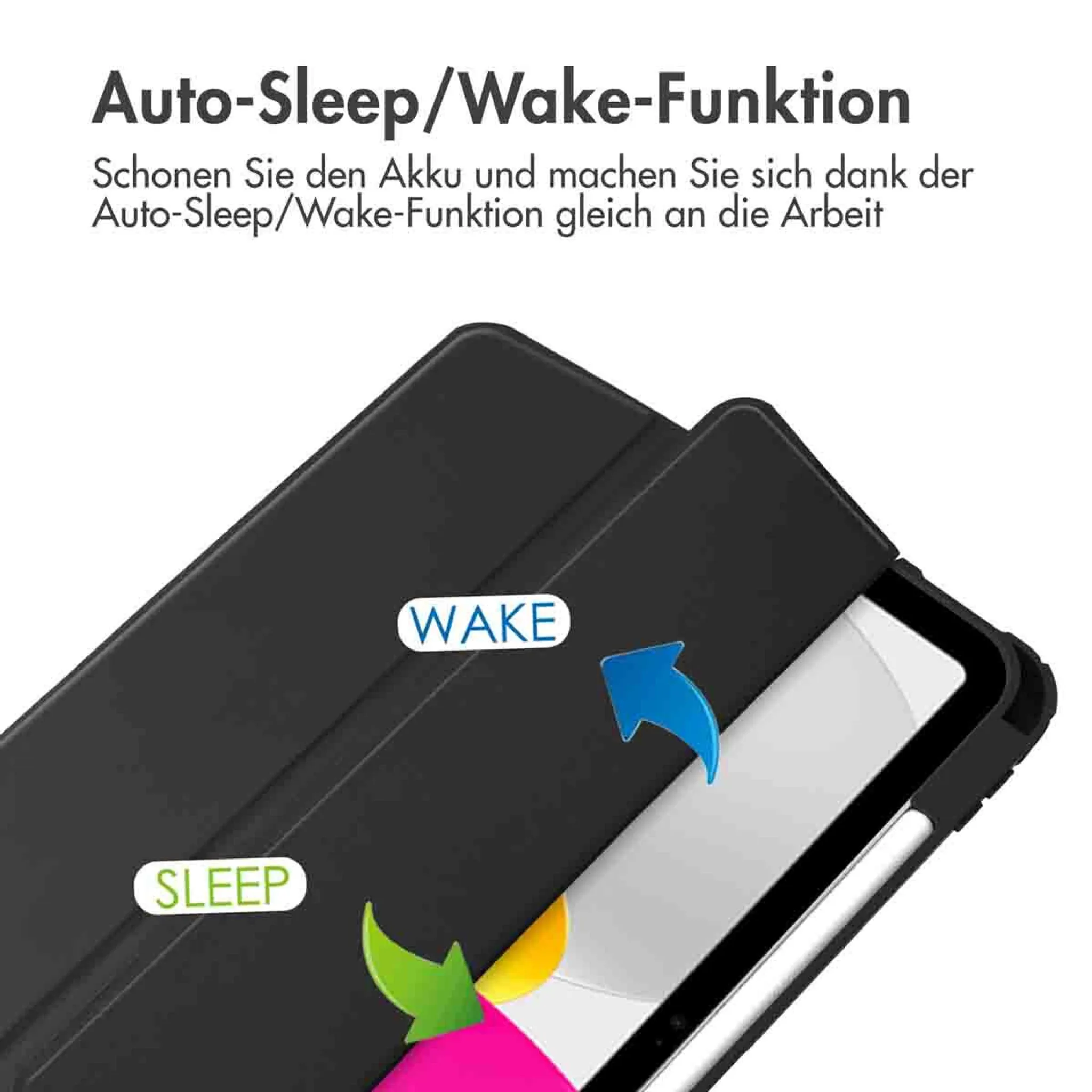 Ein schwarzes Tablet mit Hülle zeigt die Funktionen Auto-Sleep/Wake.