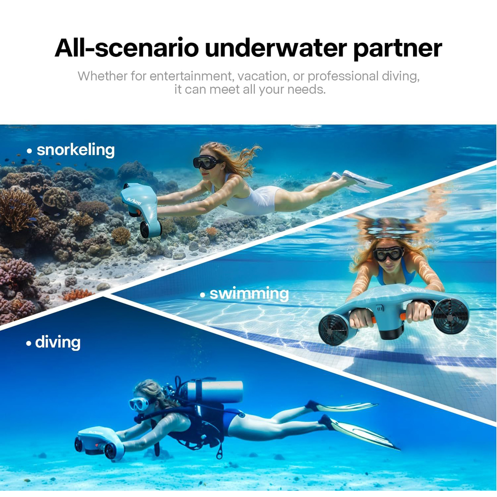 Escenas submarinas: snorkel, natación, buceo con scooter acuático.