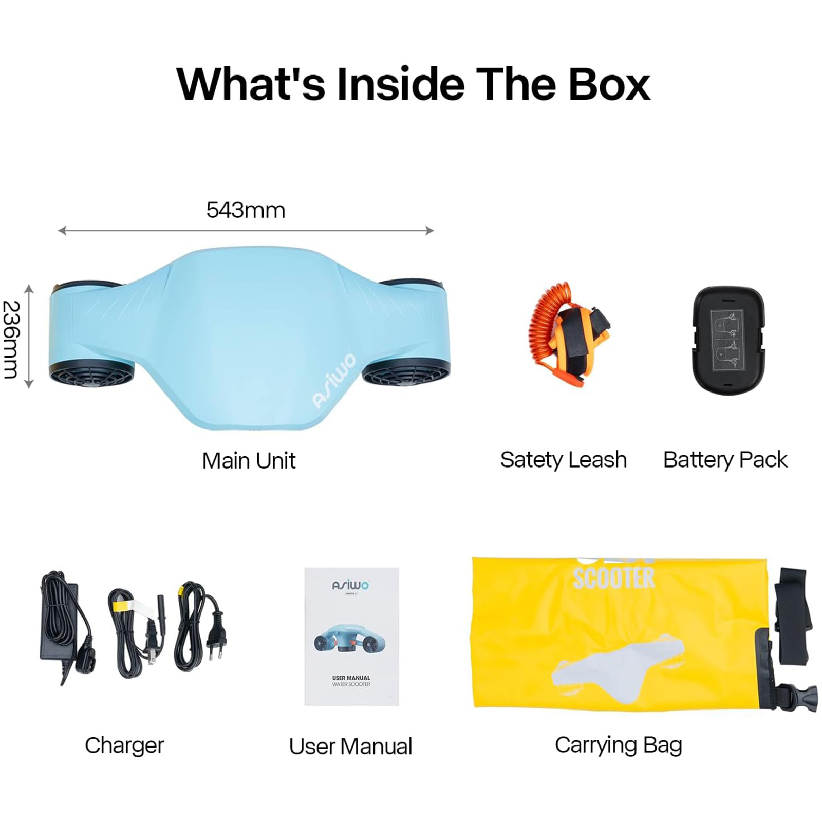 Contenido de la caja: unidad principal azul, correa de seguridad, batería, cargador, manual y bolsa.