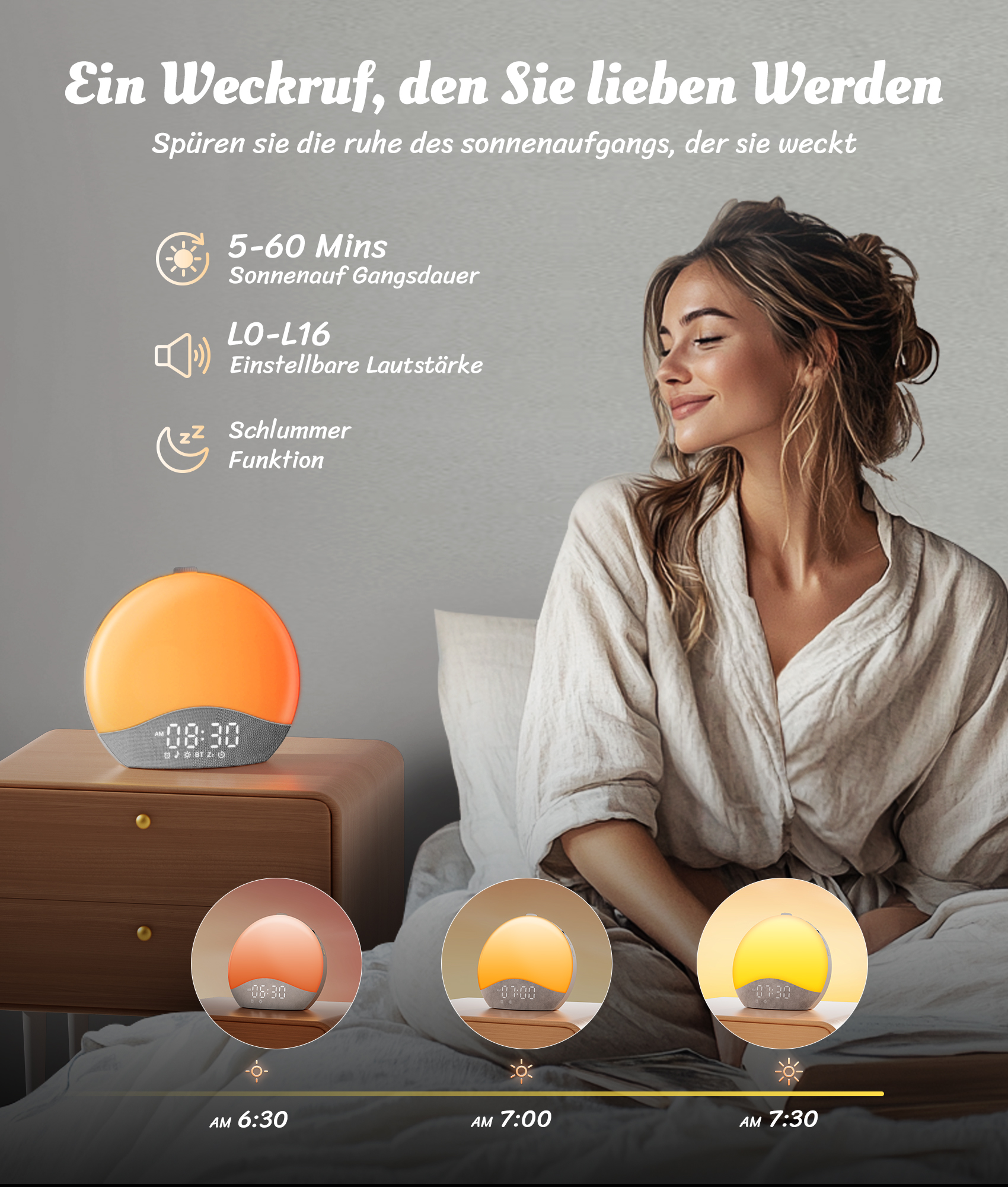 Eine Frau erwacht sanft, neben einem Nachttisch mit einem Lichtwecker.