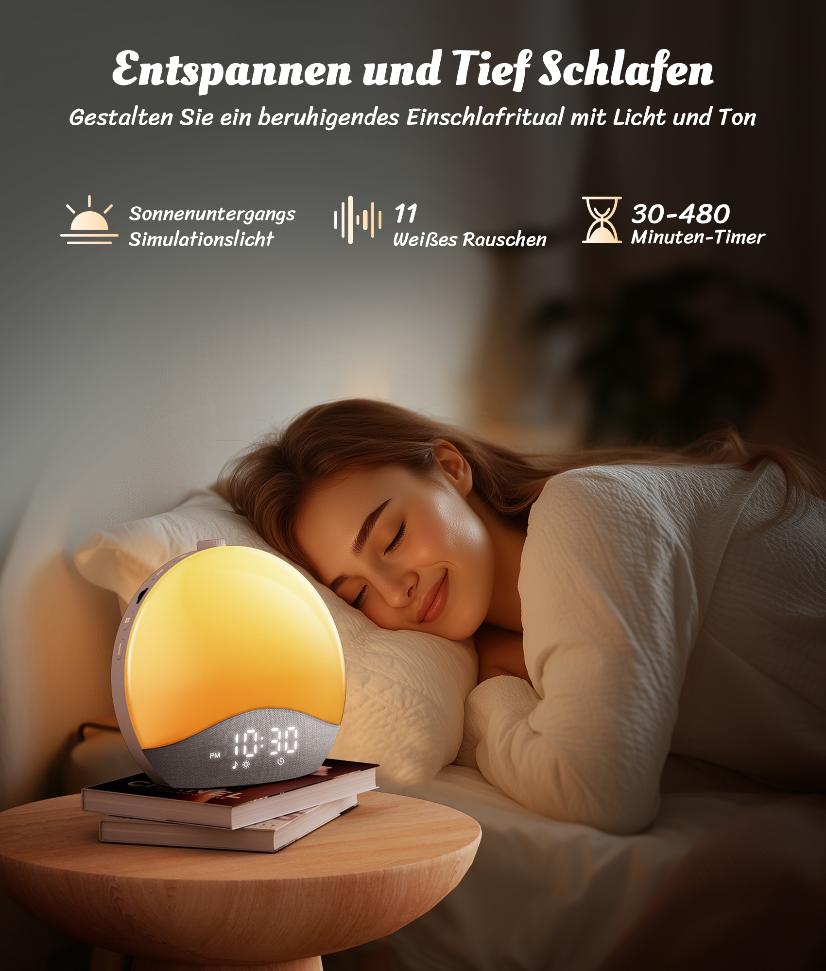 Eine Frau schläft friedlich neben einem Nachttisch mit einer Lampe mit Sonnenuntergangssimulation.