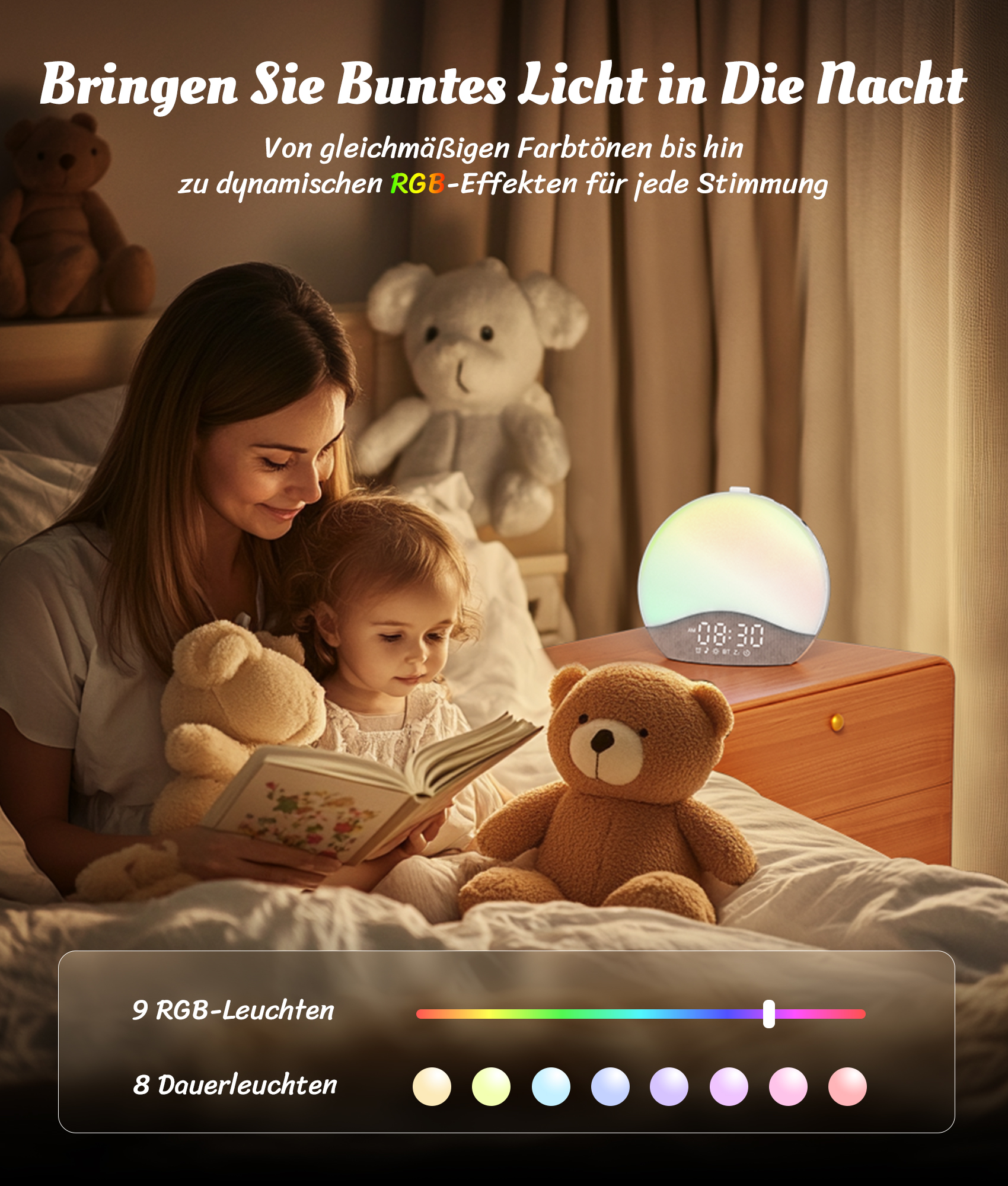 Mutter liest Kind ein Buch vor, umgeben von Teddybären. Lichteffekte.