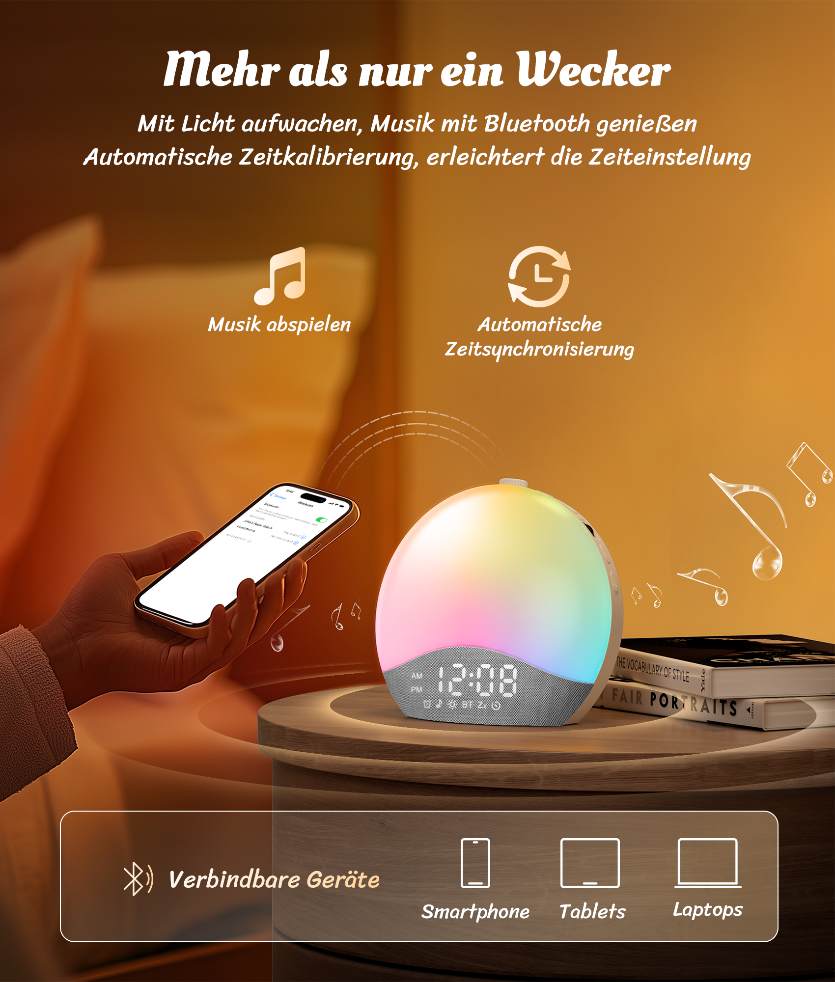 Ein farbenfroher Wecker mit Smartphone-Steuerung, Musik und Zeit-Synchronisation.